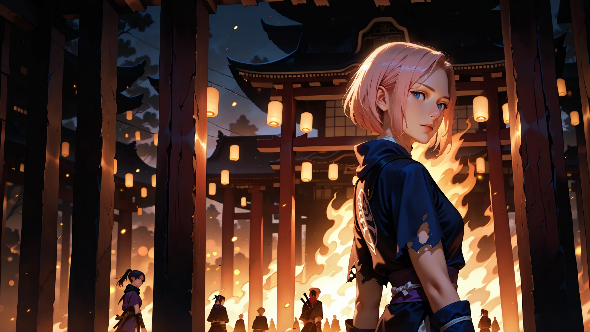 (a female ninja in a torn ninja outfit, Looks back), sie ist allein , hochdetailliert, realistisch, fotorealistisch, 8k, hdr, studio lighting, extreme level of detail, lebhafte farben, bokeh, Environment with burning houses, leichen, schatten, nebliger himmel, untergehende sonne, dramatic lighting, Japanese concept design