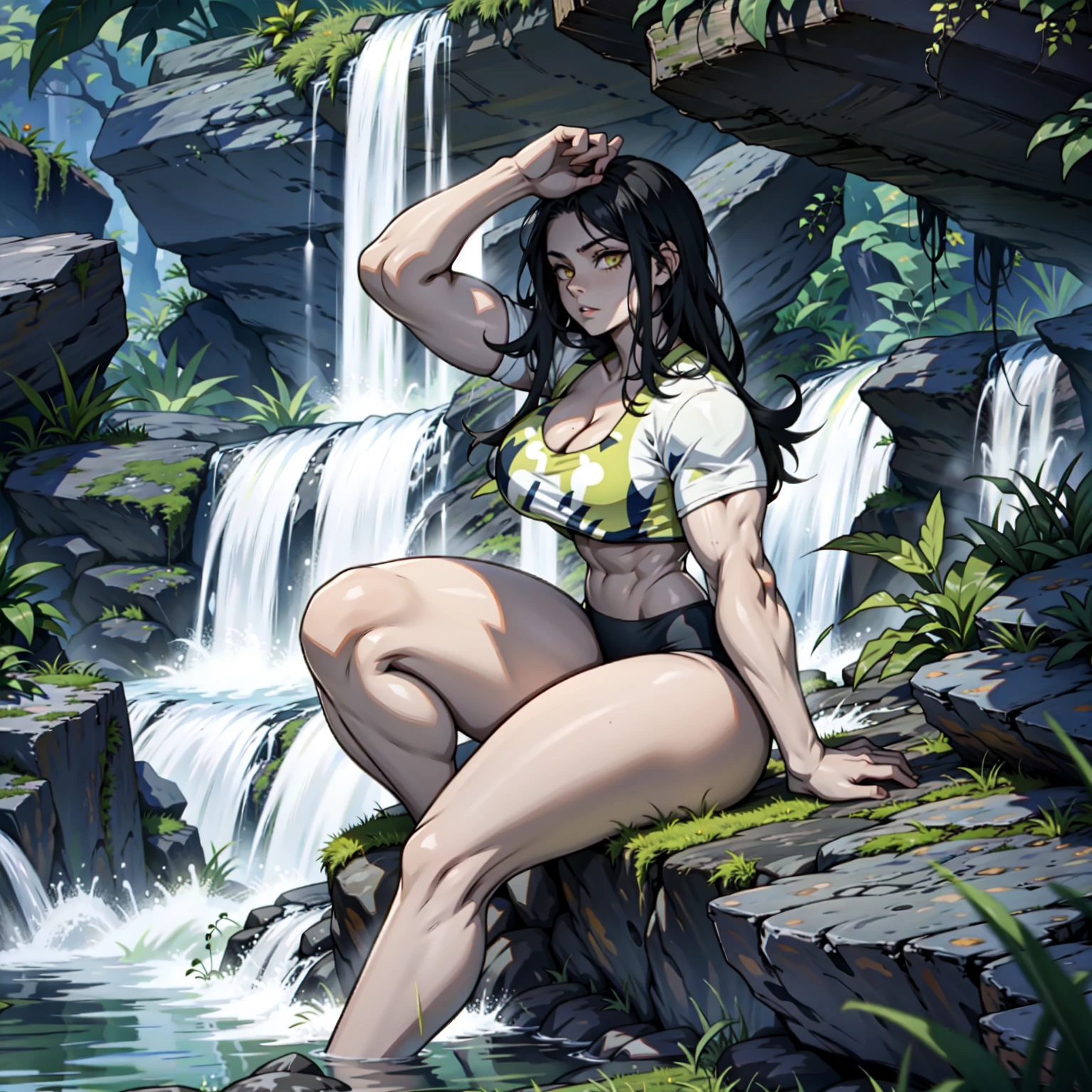 (adorned with intricate tattoos、baring sharp teeth、Muscular and huge savage girl)+Dynamic Poses+intricate-detail、(Big_Body:1.9)、(Dark_skin:1)、(Convoluted_detail:1)、(with an intricate_Background:1.1)、Waterfall background、a temple background、shorth hair、(tattooed:0.5)
