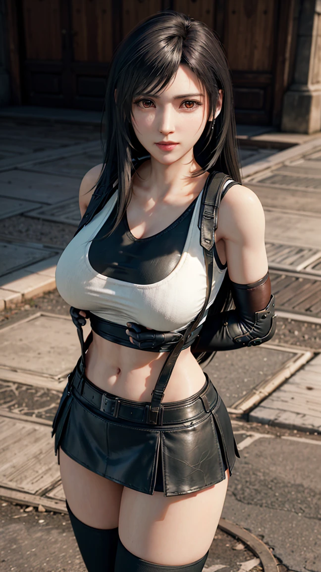 add_detail:1 (8k), (Highest Quality) (A masterpiece:1.2), (Realistic), (Photorealistic:1.3) Super detailed ((tifa lockhart)), ((The highest possible quality)), ((out in the city)) Sexy woman with (sharp-focus) (Motion blur, and depth of field composition) ((black thighhighs)) ((belly button piercing))