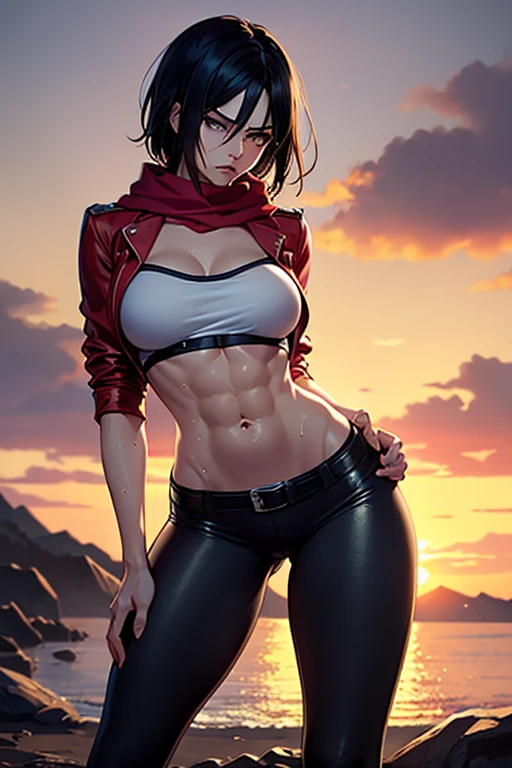 8K, Top Quality, Intricate Details, Ultra Detail, Ultra High Resolution, high-quality, photorealistic image, Masterpiece, random angle, young, attractive, very beautiful mikasa ackerman, with a toned and muscular body. She has a sexy fit and athletic physique, staring with sensual face expressions and a sexy seductive smirk, (Makeup: 0.4), (Fluffy Blue Eyes: 1.21), blue Eyes, ((full body)), 1girl, solo, 1 girl, (( full body)), close-up shot, (((fit body))), (((slim face))), sharp face, sharp eyes, (((black hair, short hair, bangs)), (detailed face), sharp face, small lips, thin lips, ((red scarf, crop top, thigh strap)), detailed face, detailed breasts, medium perky breasts, detail, curvy biceps and triceps, with accentuated slender abs: 1.4, Six Pack Abs: 1.4, Bust Botox, Perfect Body, detail leg, (( moonlight)), ocean