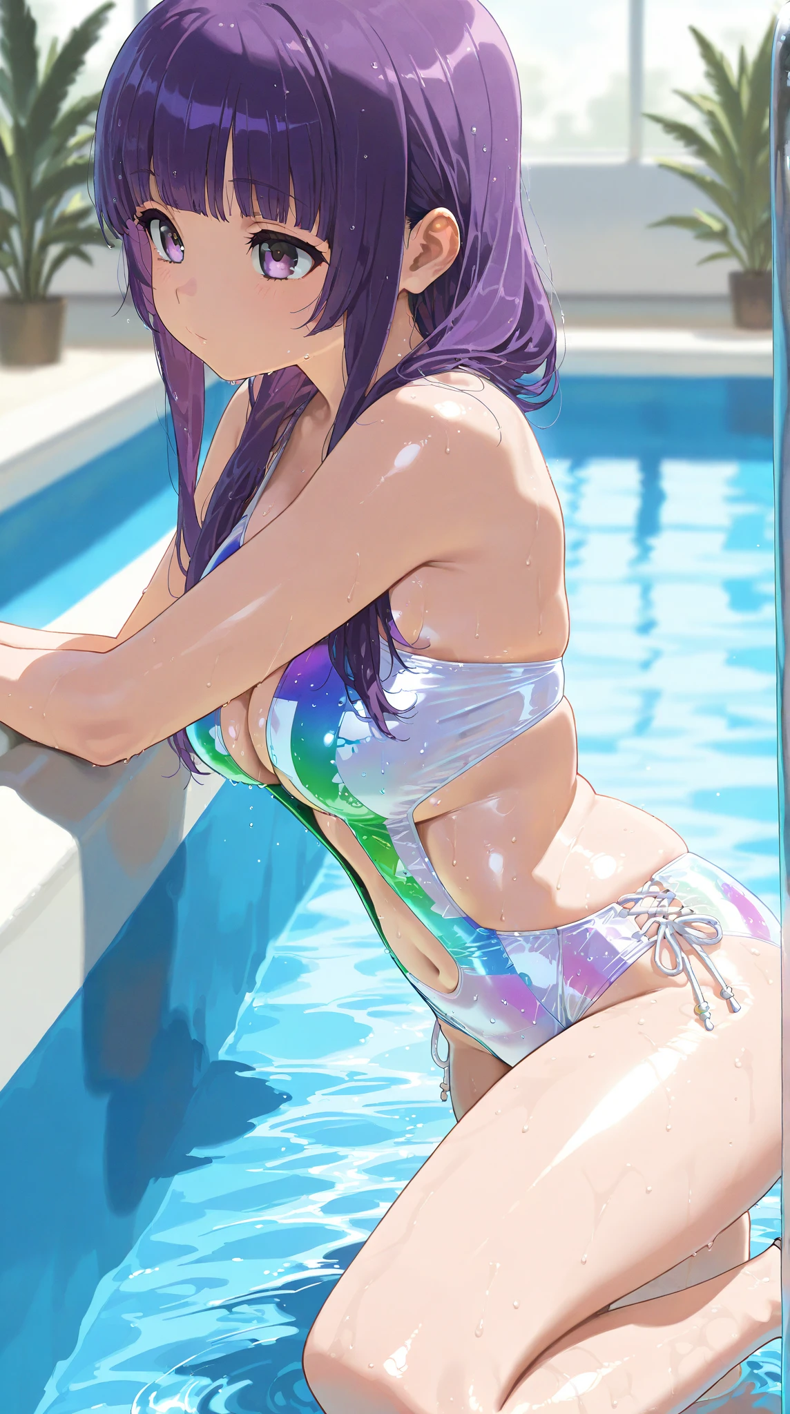 woman,14 years old,pool,noon,(((swimsuit))),,open mouth smile(())(See-through),(()),(()),blush、surprised face,((())),((turn around and look back))(wet with water)Reflecting the buttocks,Man streak,