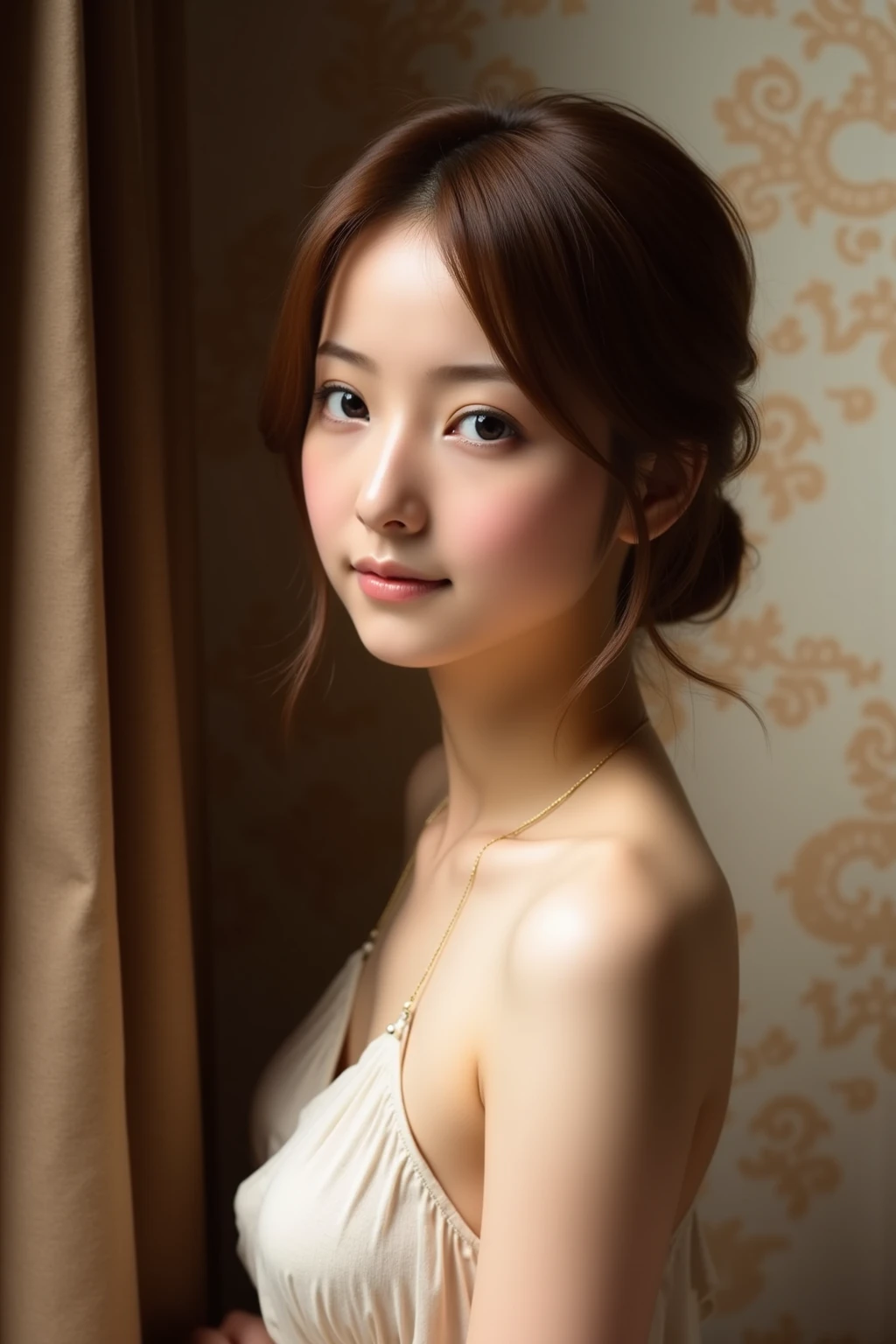 An elegantly dressed Japanese woman in natural light、A close-up of her chest and calm expression.、It shows her inner peace and outer charm.。