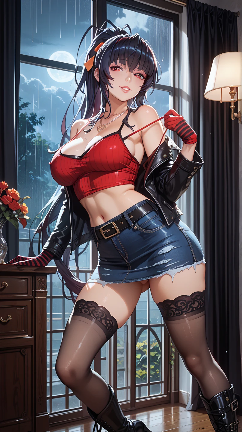beautiful, (masterpiece:1.2), (best quality:1.2), perfect lighting, perfect eyes, perfect face, 1girl, bikini, bikini under clothes, black bikini, black choker, black gloves, black hair, black lips, black nails, black skirt, breasts, choker, cleavage, cropped jacket, cross, earrings, eyeliner, eyeshadow, fingerless gloves, gloves, hand on hip, highleg, highleg bikini, huge breasts, jacket, jewelry, lips, lipstick, long hair, makeup, microskirt, miniskirt, navel, open clothes, open jacket, red eyes, skirt, sleeves pushed up, solo, standing, striped, striped bikini, striped thighhighs, swimsuit, thighhighs, thighs, underboob