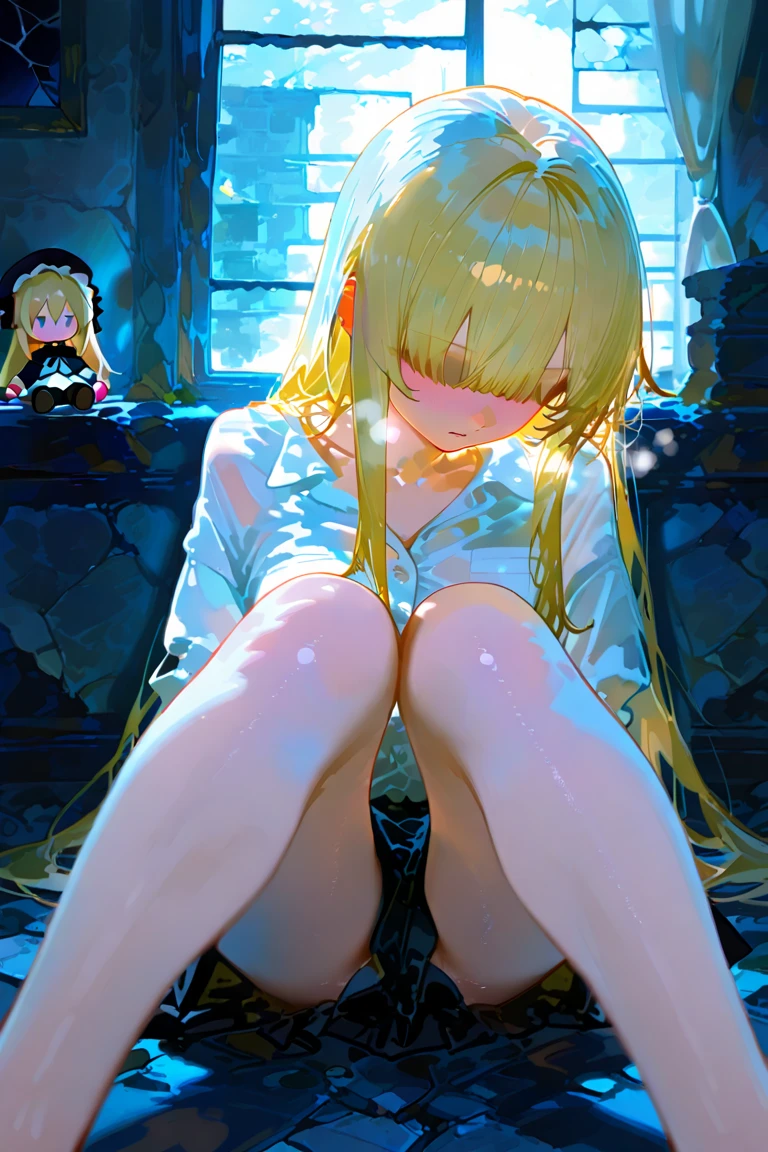 girl, blonde hair, bottomless, pussy, no panties, sweat, sweatdrop, wet clothes, white shirt, midriff, pussy juice, squirting, pussy juice puddle, pussy juice string, bare legs, slim, full body, barefoot, thigh strap, orgasm, small breasts, sitting on a chair, tied, tied to a chair, beautiful background, school rooftop, sunset, hands behing back, blindfolded, spread legs, pee, peeing, urination, urinating, puddle