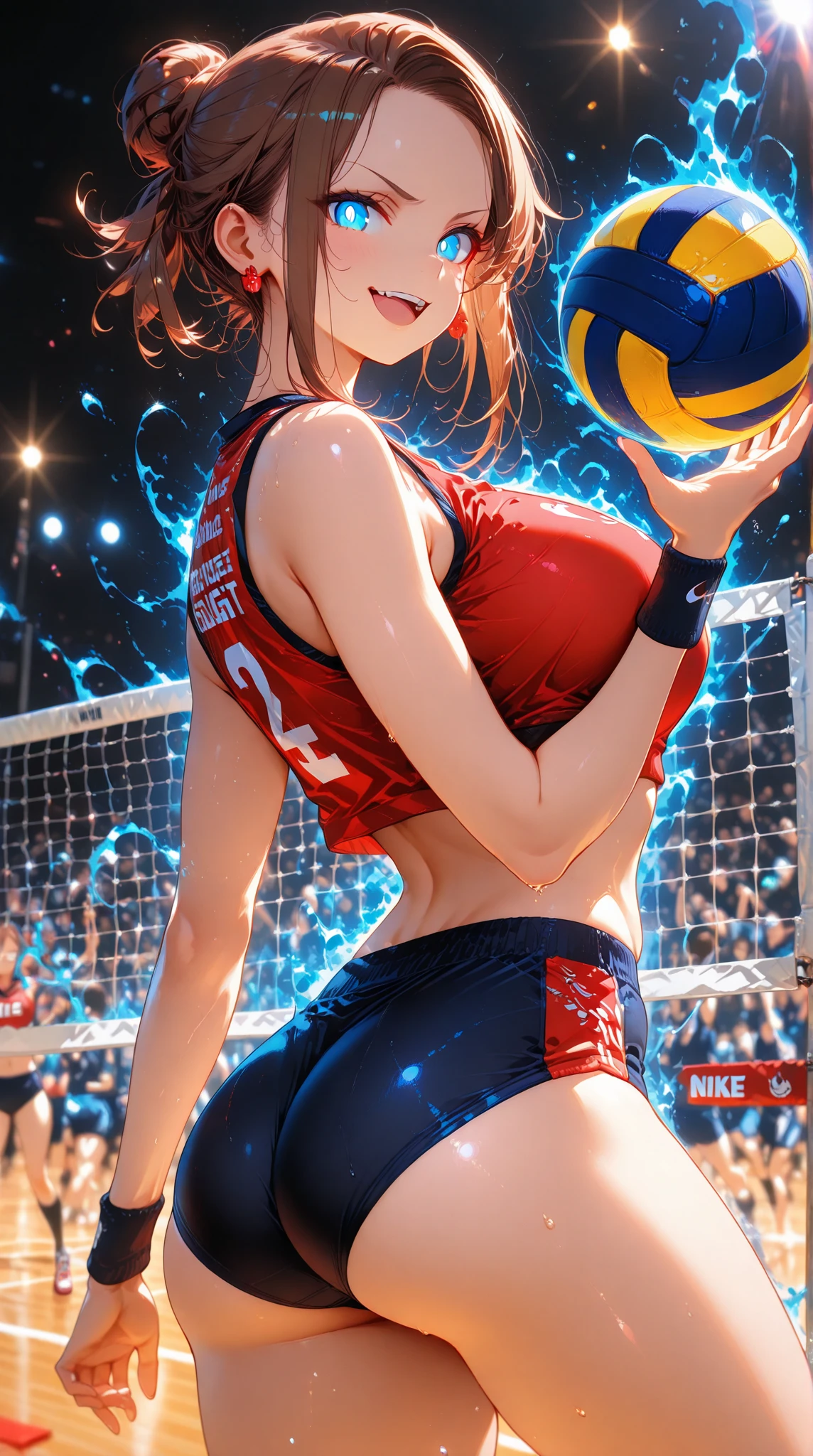 Hard breast, redhead, red hair, freckles, long straight hair, smiling, European youth, (a girl playing volleyball, volleyball uniform), detailed face, detailed eyes, leg focus,  fashion photorealism, photography, sharpness, unique 850 4, rich color, hyperrealistic texture, spectacular light texture, surreal art, Cinestil 800 fashion mechanism