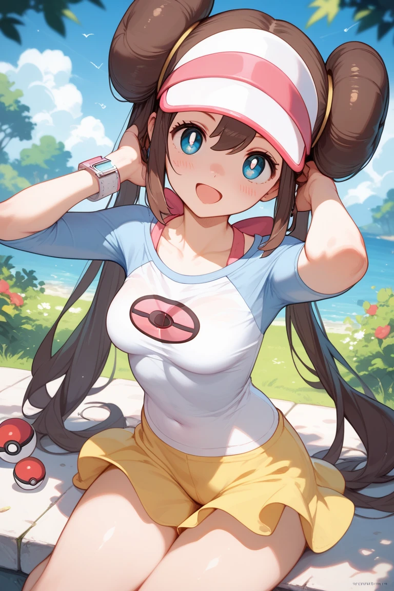 (best quality, highres, masterpiece:1.2), ultra-detailed, realistic:1.37, sketches, hilda pokemon, def1, teenage girl, sitting on her knees, curvy, visible thighs, chubby thighs, thick thighs, thighs in the foreground, body shape, dirty underpass, underpass, scary underpass, sentada junto a un hombre, hombre tocando su cuerpo, curious look, pokeballs, smile, encanto femenino, downblouse, high angle shot
