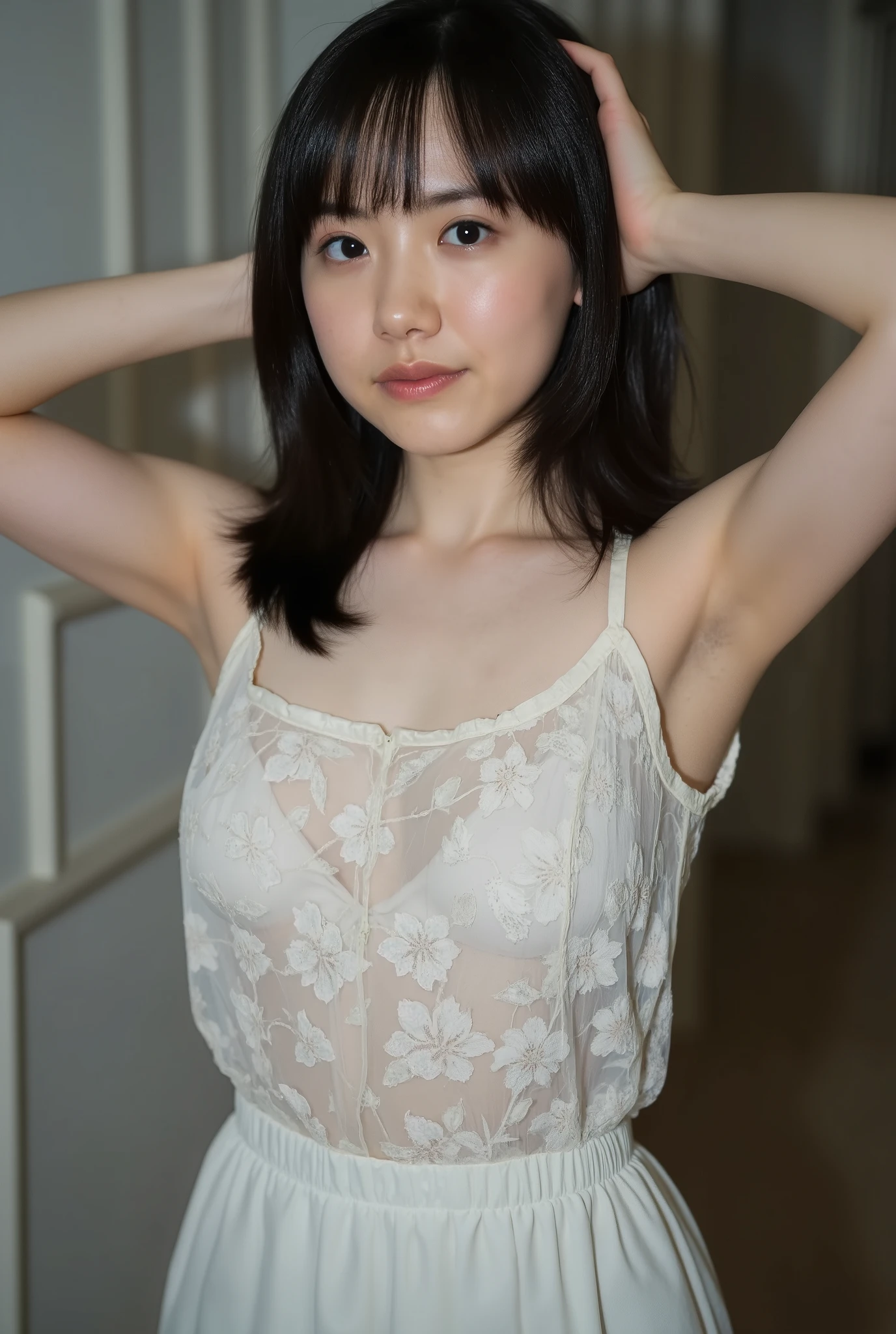 a Japanese woman is staring at the viewer、sleeveless see-through camisole · Hands crossed behind the head · Embarrassing expression、medium chest、Nipples push up the camisole · armpit hair grows