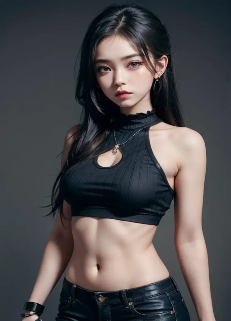 (Highly detailed body,Highly detailed face,Best quality at best:1.2) ,A woman who is,looki at viewer,Look to the lens,(Black bandeau,Skirt that wraps hips)(white backgrounid:1.2)