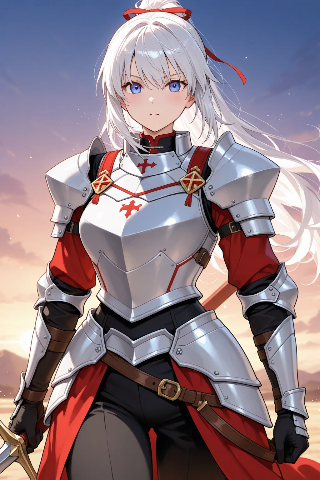 ((masterpiece, high quality, best quality)), 
1girl, armor, red eyes, lying, smile, armored dress, on back, short hair, breastplate, blush, gauntlets, white hair, gem, grey hair, hairband, 
<lora:tsukimori-style_v1.0:1.0>