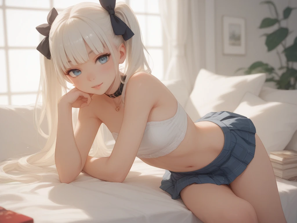  ((best quality)), ((masterpiece)), (detailed), NSFW, small breasts, prominent collarbones, skinny arms, flat stomach, visible hip bones, long hair, red hair, white hair, blonde hair, dark hair, ponytail, thick ponytail, heavy ponytail, Realistic Shadows, Detailed skin, Very small breasts, Hair Ribbon, Very detailed, highly detailed face, Perfect face shape, Perfect lips, Perfect nose, Correct beautiful eyes, Watching Viewer, Best Quality, Single Girl, No bra, No panties, Solo 