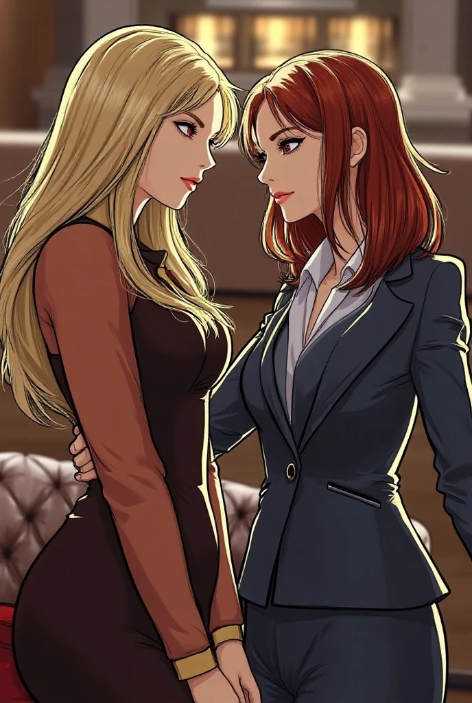 2girls, woman in red dress, woman in business suit, cleavage, lesbian