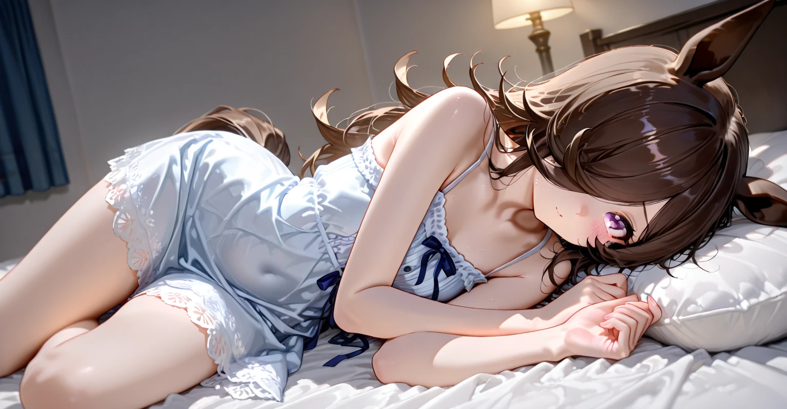 (One Girl:1.3), Cinematic Light, (masterpiece, Highest quality, Highest quality, Official Art, beautifully、beautiful:1.3), Very detailed,Most detailed,(Very detailed),((Very delicate and beautiful)),
From above,(( Lying in bed)),
alone, chest, Silky long hair, (Brown Hair),
Light blue micro lace nightwear, 開いたchest,33 years old、Charm、Tempting、Functional