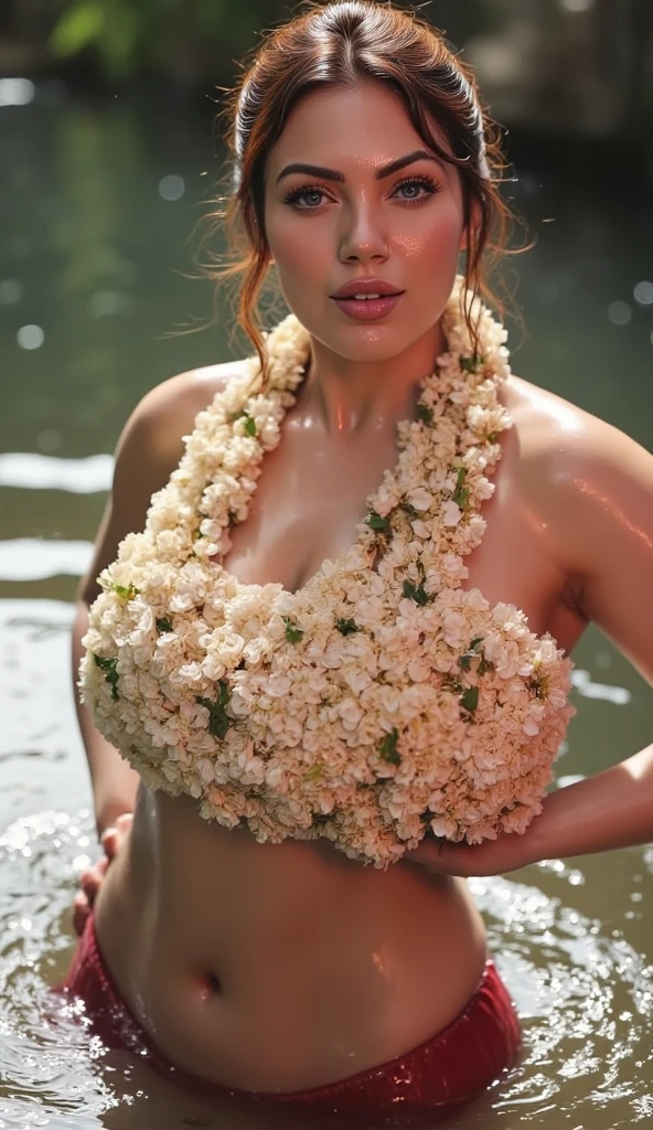 Kate, ripped muscle, muscular body, pale skin, smile(blush), nude, flower garland, [ultra detailed skin:1.2], 8k uhd, full body, stand, sweat, cum on face, crowd, public, rain,