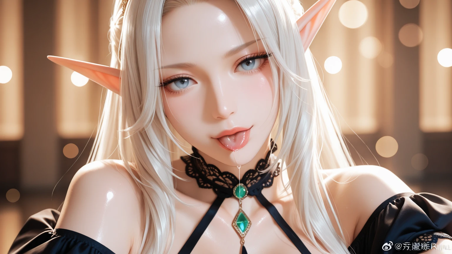 naked, bondage rope, lying on back, happy, wet, sweaty, show vagina, pleasure, adult, 1 girl, elf, toned skin, anime, look at viewer, (light purple hair), straight hair, show body to viewer, best quality, highres, 8k, masterpiece, anatomically correct, super detail, textured skin, diamond face shape, so huge breast, fit body, beautiful, fantasy, anime style, anime painting, pet choker, sex pose