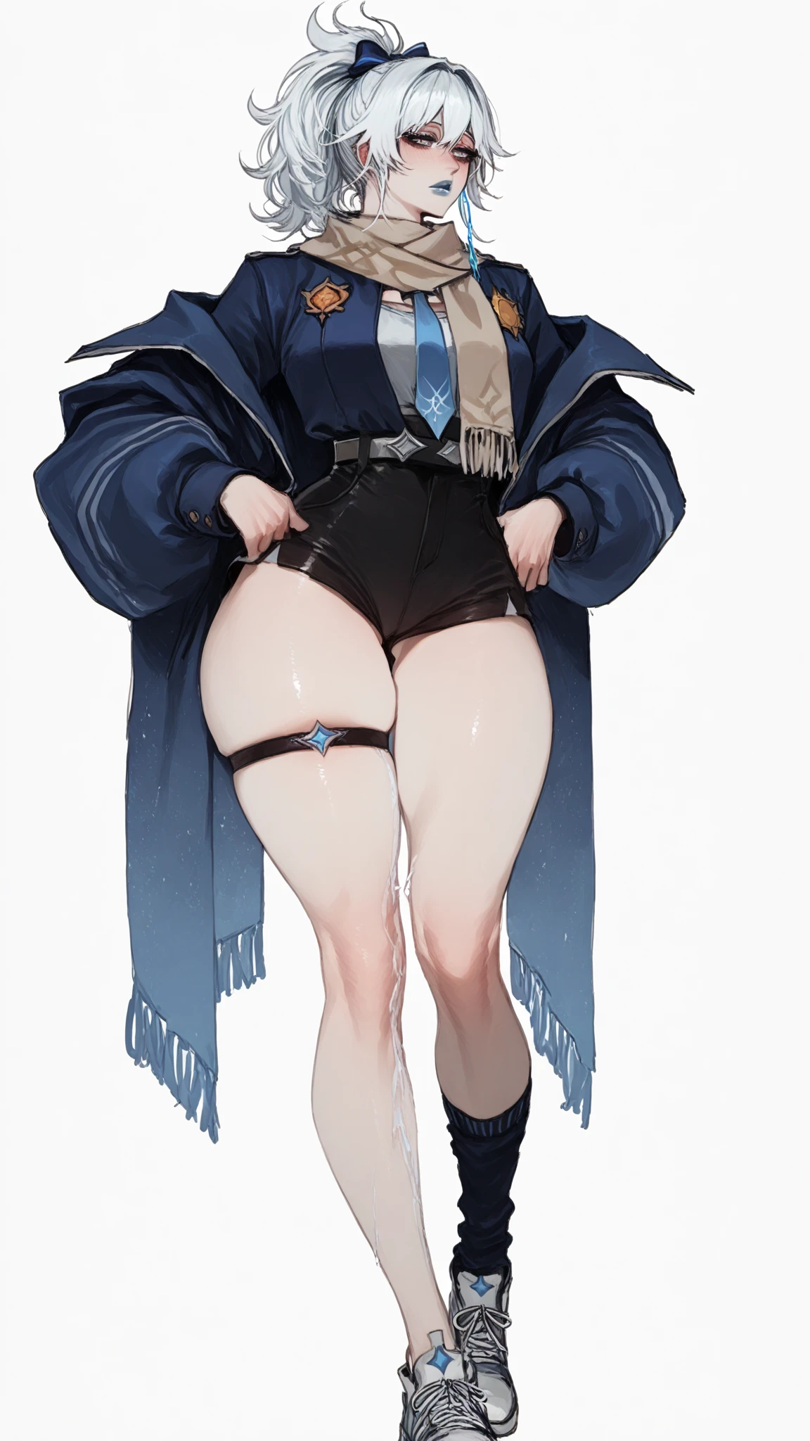 kobo kanaeru - hololive, 1girl, blue hair, blue eyes, white hair, multicolored hair, wave hair, blue eyes, thin lips, painted lips, smile face, wide hips, thick thighs, huge round ass, enormous natural breasts, shiny oily breasts, KoboBase, see-through jacket, midriff, white jacket, tight pants, sleeves past wrists, open jacket, full body, gym, nsfw