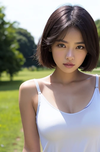 ((Light of the sun))、((Highest quality)), Realistic, Very detailed, In detail, ((High resolution)), 8k,Japanese women,Beautiful woman,Gravure Model,sexy,Beautiful Skin,Beautiful Eyes,Detailed face,(Glamour),((Berry Bob Cut Hairstyles)),Brunette Hair,20th Generation,Glamour system,Bust Size 85cm,A slim, toned waist,(Beautiful Eyes),(Adult),smiling sexy、,(body harness art:1.4),(((Her breasts are in full view))),(((beautiful and natural nipples))),, (See through:1.3), See through white sports under ultra micro wear with multiple elastic white harnesses for clothing, Designed blue harness, , ((((Woman looking at the camera)))),((((Idol Sculpture))),