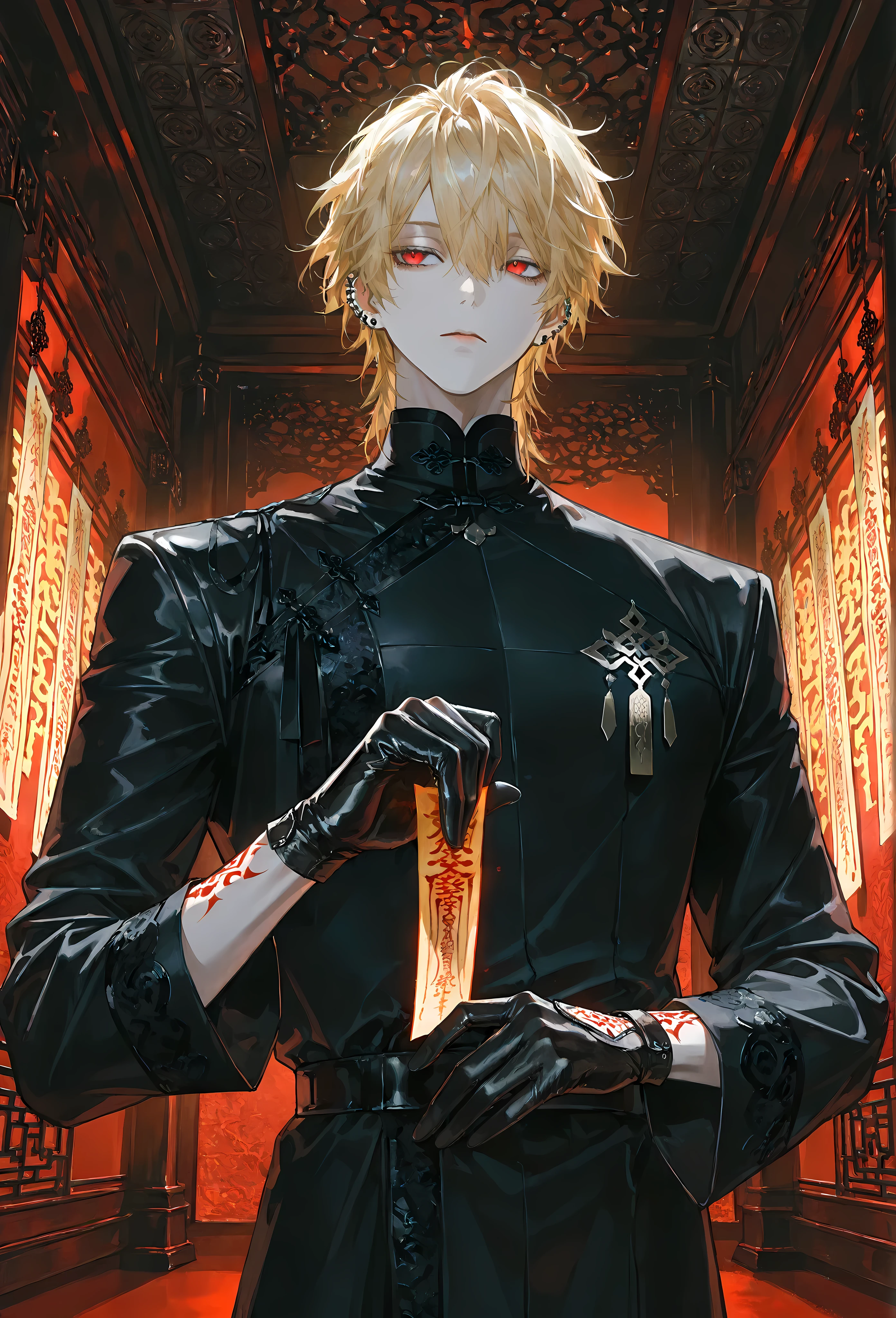 8k, beautiful masterpiece, looking out at the front, alone, super pale skin, Perfect Eyes shape, Athletic Build, ((He wears: Black Elaborate Daopao (道袍), Silver Daoist Amulet, Black Leather Gloves)), (((background is Chinese opulent room, looks emotionless and somber while holding a Daoist talisman and casting a spell))), 1 man, mature man, male-centered, handsome man, handsome, short messy hair, blonde hair, black ear piercings, Thick painted, (((red eyes))), Perfect Eyes, masterpiece, top quality, amazing quality, exquisite details, very detailed, semi-realism art, semi-realism art style