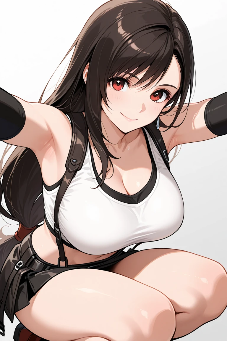 (masterpiece, 最high quality, high quality, super detailed, ultra high resolution, 8k), tall and toned body, long toned legs, alone, 1 girl, Tifa's detailed face, tifa lockhart, Final Fantasy, black hair, long hair, straight hair, fine hair, red eyes, super detailed eyes, cute face, smile, beautiful ???????, beautiful curves, white crop top, white t-shirt, elbow pads, fingerless gloves, suspenders, black short skirt