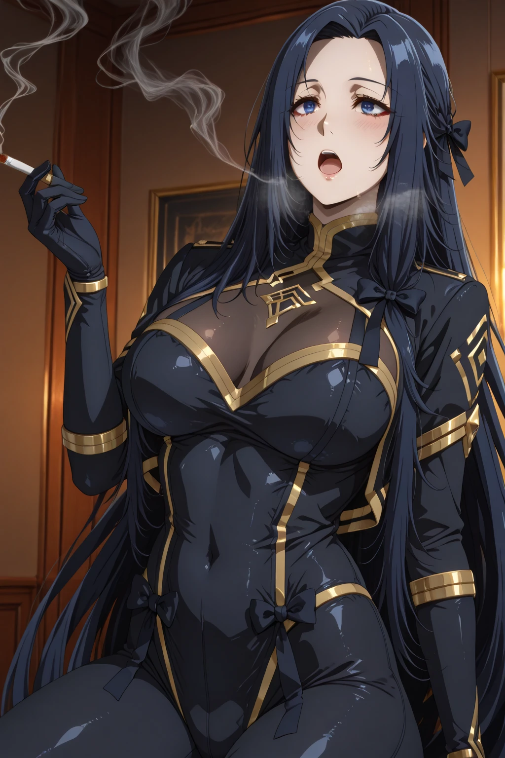 masterpiece, best quality, 1lady,black hair,long hair,glowing eyes, (finely detailed empty pupils and detailed face),,,,extremely detailed picture unity 8k wallpaper,solo,(latex military costume:0.9),large breasts,seductive smile,military hat,latex thighhigh,large breasts,black hair,pink eyes,black leotard,pantyhose,military coat,enamel suits,grossy lips,sitting,bust shot,sadistic smile