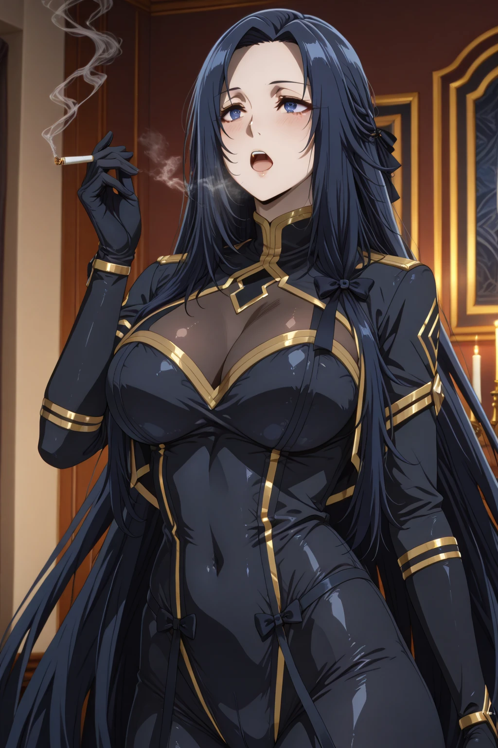 professional artwork, Intricate Details, field of view, sharp focus, detailed painting, photorealistic lighting, trending on pixiv, Standing at attention, black outfit ,yellow collared shirt,black and red bodysuit,skin_tight,black legwear, black pantyhose, Side_boob, black hair,very long hair, Bangs,yellow eyes,makeup, lipstick, 20yo,mature female,Beautiful Finger,Beautiful long legs,Beautiful body,Beautiful Nose,Beautiful character design, perfect eyes, perfect face, looking at viewer, NSFW,official art,extremely detailed CG unity 8k wallpaper, perfect lighting,Colorful, Bright_Front_face_Lighting, (masterpiece:1.0),(best_quality:1.0), ultra high res,ultra-detailed, hyperdetailed, photography, 8K, HDR, highres, absurdres:1.2, Kodak portra 400, film grain, blurry background, bokeh:1.2, lens flare, (vibrant_color:1.2) (Beautiful,large_Breasts:1.4), (beautiful_face:1.5),(narrow_waist), (solo:1.4), ((half body shot:1.4)), annerose:1, classroom