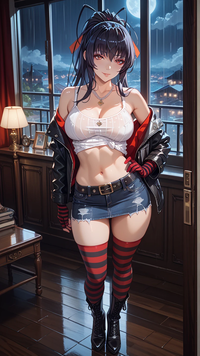 8k_wallpaper, extremely detailed eyes, extremely detailed body, (large masterpiece digital art), (detailed manga illustration), (detailed line art), ((perfect anatomy)), (intricate details:1.3), (ultra-detailed:1.3), (illustration:1.3), (sharp focus:1.3), (natural lighting:1.05), (vivid colors:1.3), (masterpiece), best quality, expressive eyes, perfect face, 1 girl, breasts, cleavage, gloves, large breasts, casual clothes, white shirt, tee shirt, denim jacket, jacket, {blue hair}, medium hair, wavy hair, (gray eyes), hourglass physique, alluring outfit, black denim shorts, shorts, dynamic pose, Huge ass, dynamic lighting, beautiful esd_woman, curvy, fur trim, hair bun, 