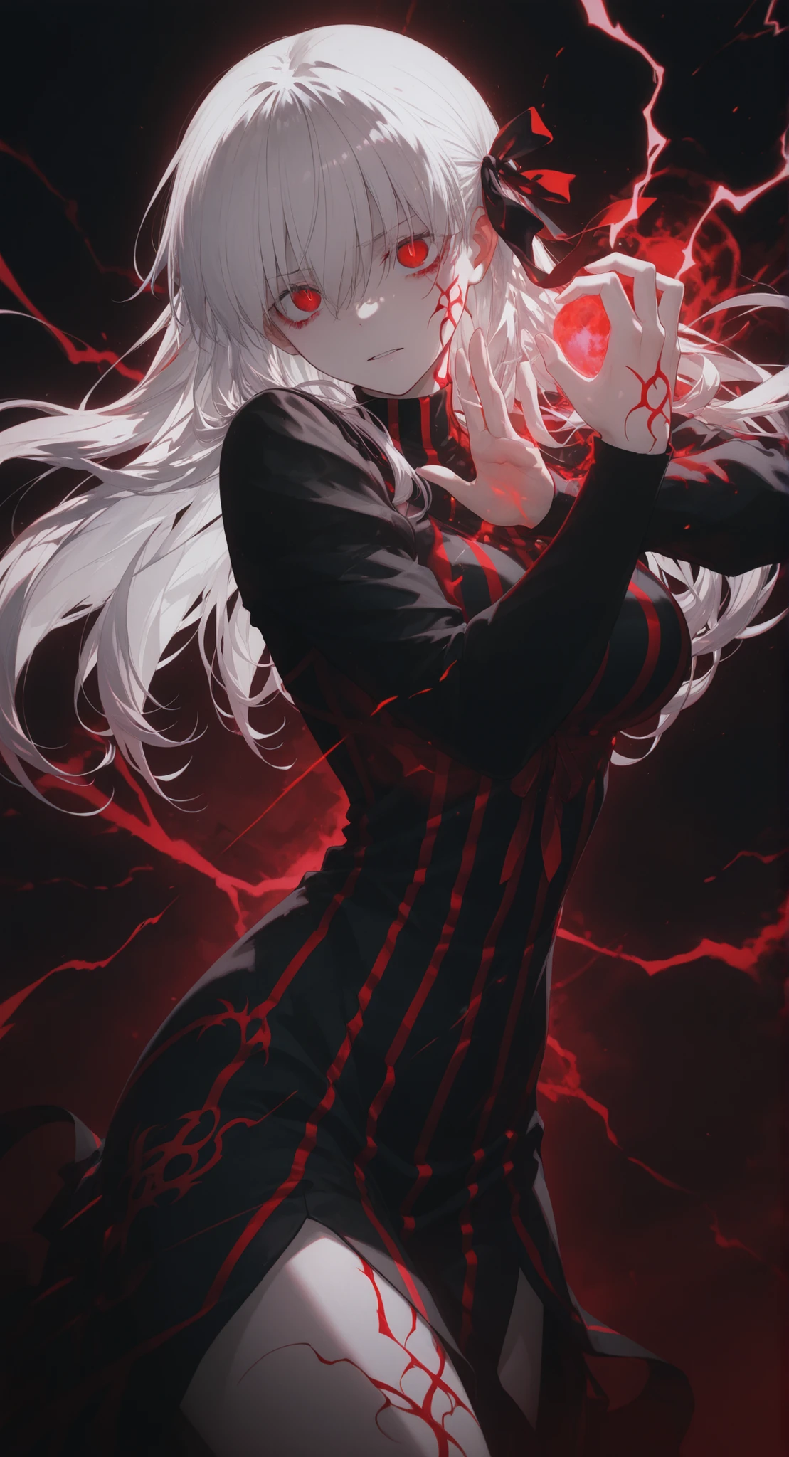 1girl, solo, black background, dark, wanke, Sakura Matou\(fate stay night), white hair, red eyes, long hair, hair ribbon, body markings dark persona, corruption, red striped dress, long black dress, turtleneck teeth clenching, focus, serious, dynamic pose, fighting stance, holding dark energy, energy ball, red lightning, ,masterpiece,best quality,amazing quality,very aesthetic,absurdres,newest,Dark Light Contrast