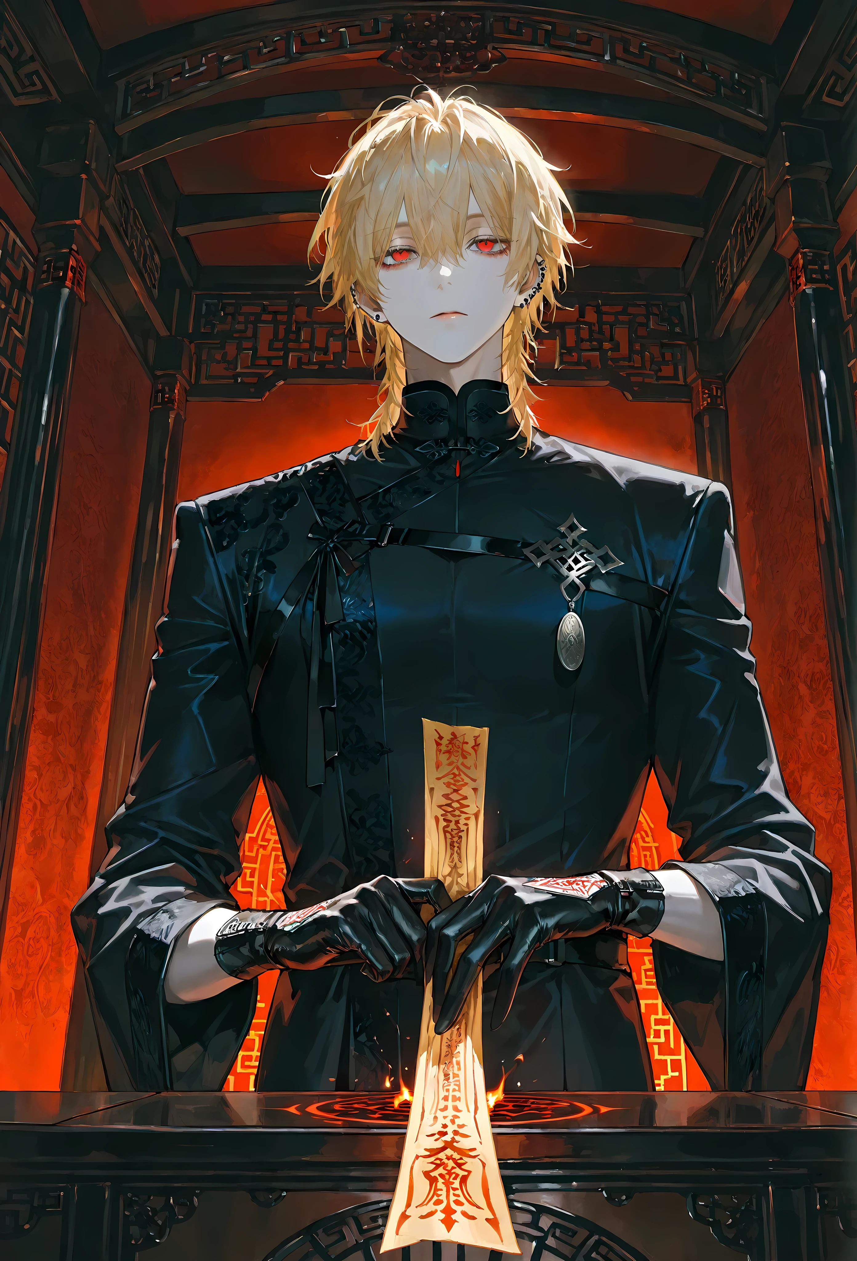 8k, beautiful masterpiece, looking out at the front, alone, super pale skin, Perfect Eyes shape, Athletic Build, ((He wears: Black Elaborate Daopao (道袍), Silver Daoist Amulet, Black Leather Gloves)), (((background is Chinese opulent room, looks emotionless and somber while holding a Daoist talisman and casting a spell))), 1 man, mature man, male-centered, handsome man, handsome, short messy hair, blonde hair, black ear piercings, Thick painted, (((red eyes))), Perfect Eyes, masterpiece, top quality, amazing quality, exquisite details, very detailed, semi-realism art, semi-realism art style