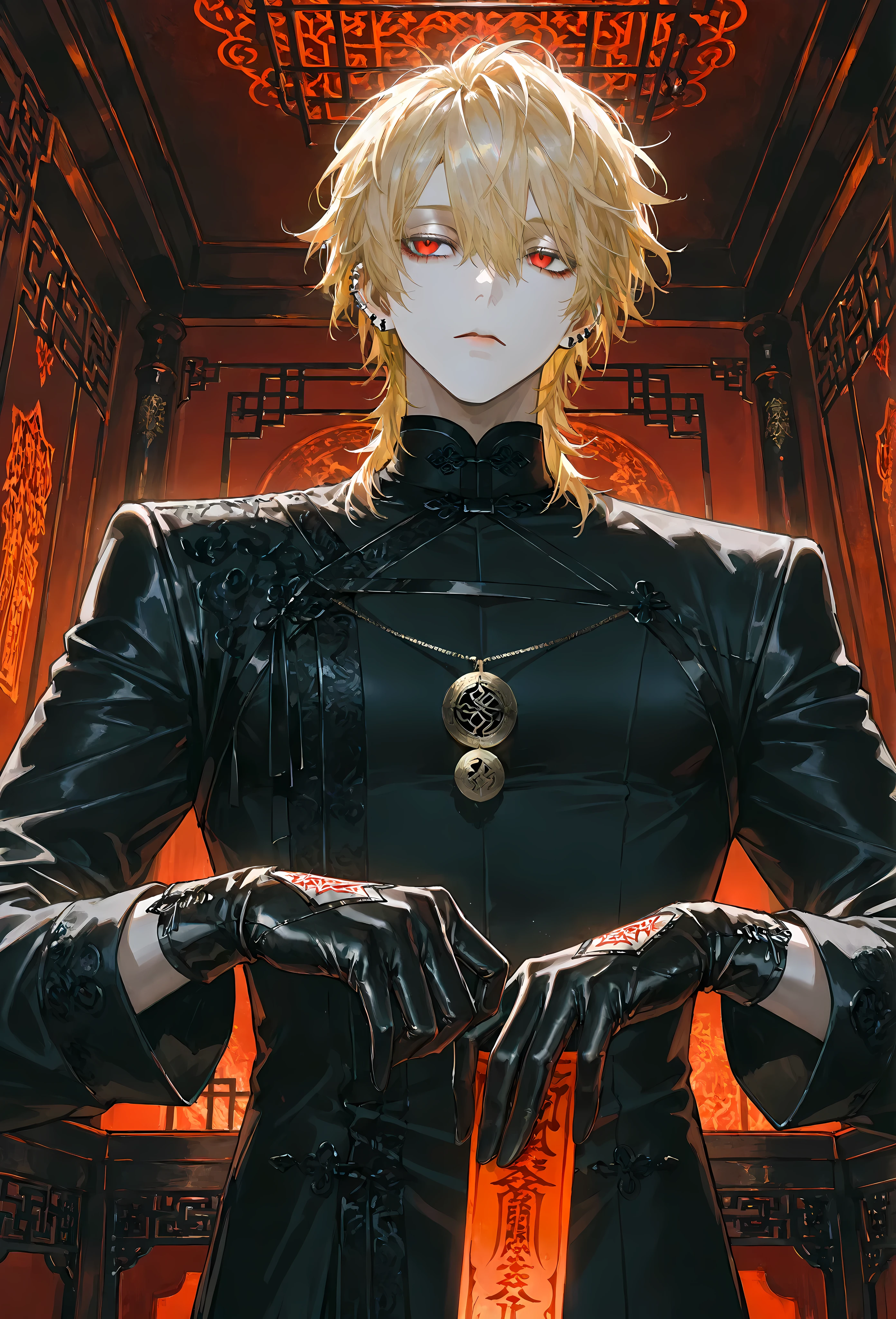 8k, beautiful masterpiece, looking out at the front, alone, super pale skin, Perfect Eyes shape, Athletic Build, ((He wears: Black Elaborate Daopao (道袍), Silver Daoist Amulet, Black Leather Gloves)), (((background is Chinese opulent room, looks emotionless and somber while holding a Daoist talisman and casting a spell))), 1 man, mature man, male-centered, handsome man, handsome, short messy hair, blonde hair, black ear piercings, Thick painted, (((red eyes))), Perfect Eyes, masterpiece, top quality, amazing quality, exquisite details, very detailed, semi-realism art, semi-realism art style