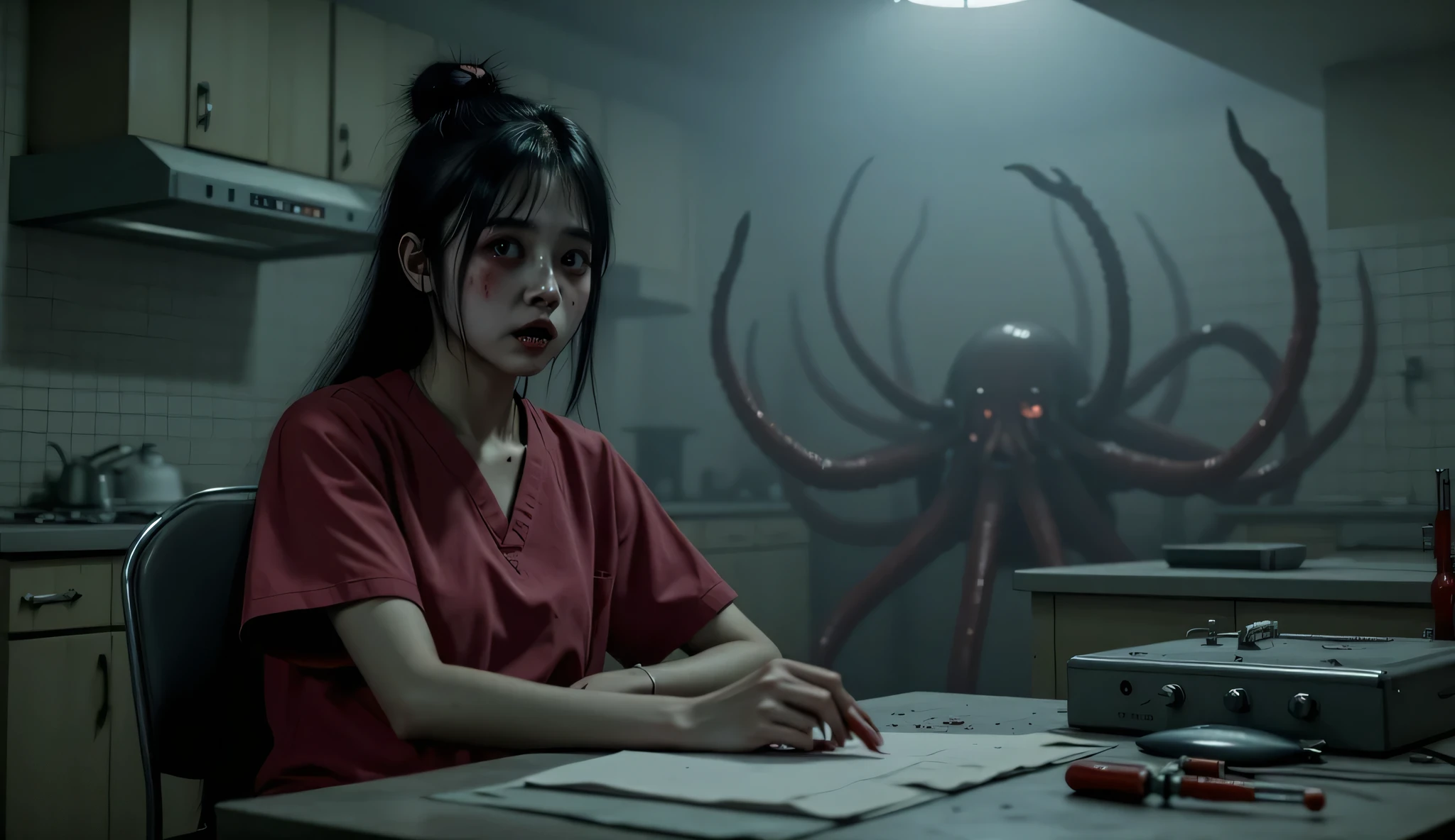 A frightened 20 year old Asian girl, beautiful face, black hair tied in a bun, dark red nursing scrubs, sitting at a nursing station in a dark abandoned hospital, tentacles are coming up behind her in the background as she sits unaware, Eldritch Horror, surreal, high detail, masterpiece.