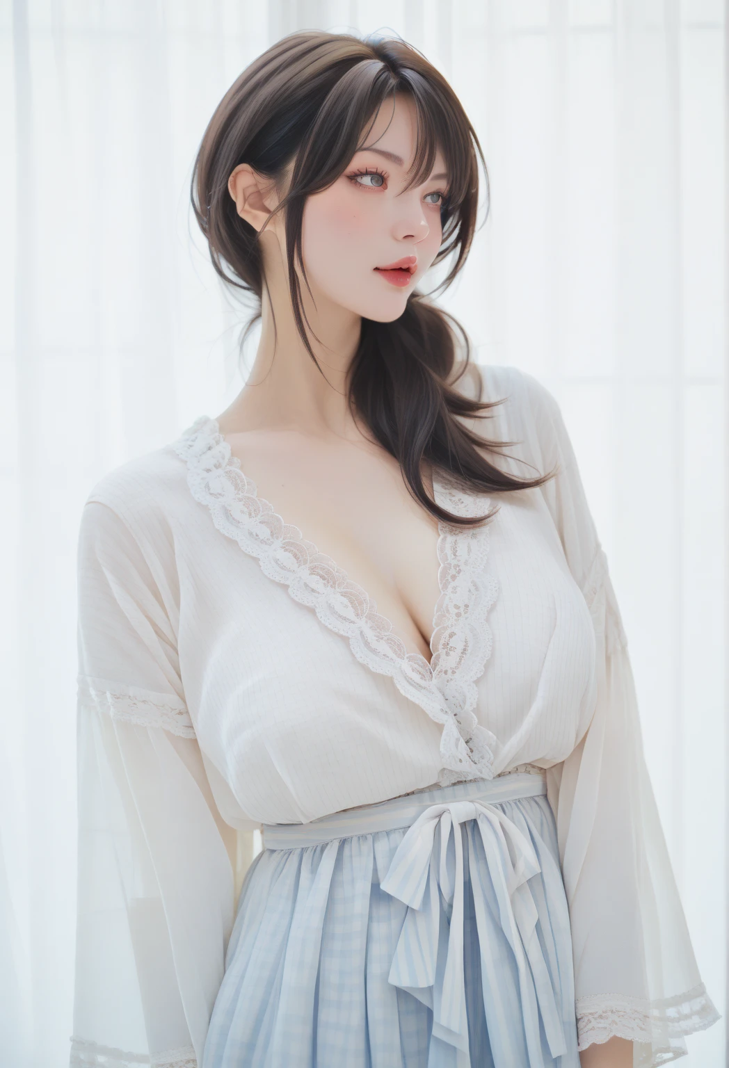 ((1girl)), woman, masterpiece, best quality, highest quality, cinematic lighting, (volumetric lighting), extremely detailed CG unity 8k wallpaper, focused, 8k wallpaper, extremely detailed, ultra realistic, photorealistic, sharp focus, absurdres, (HDR:1.2), (high contrast), photograph, detailed and intricate, instagram, portrait, highly detailed, digital painting, artstation, concept art, smooth, sharp focus, illustration, cinematic lighting, (Big breast:1.2), (((skinny, slim legs))), (japanese idol posture), (white dress, open shoulder, open chest, cleavage), looking at the viewer, ((Medium body shot, hips level shot)), long hair, seductive face.