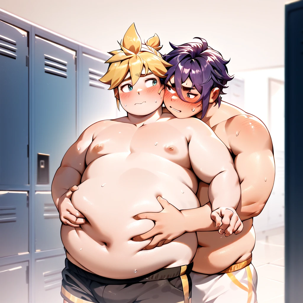 2boys, full body, male focus, muscular male, best quality, amazing quality, best aesthetic, absurdres, night club, surrounded by men, gay couple, official style, year 2023, game cg, looking at viewer, happy, looking at viewer, together on picture, yaoi, gay couple, emphasizing the extraordinary size of pregnant belly, pregnant belly, wet with milk dripping, (bakugou katsuki), Eijiro Kirishima red riot, boku no hero academia, nipples, arms back of head, wearing black short underwear, grin.