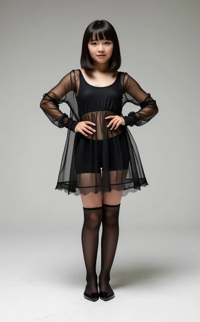 (8K、Raw photo、highest quality、masterpiece:1.2)、(realistic、Photoreal)、1 girl、((silk dress、See-through、off shoulder、mini skirt、boots、frills、ribbon、big breasts、Seen from the front、Are standing、medium hair、temple))、smile、lots of eyelashes、Glitter on your eyelids、skeletally correct