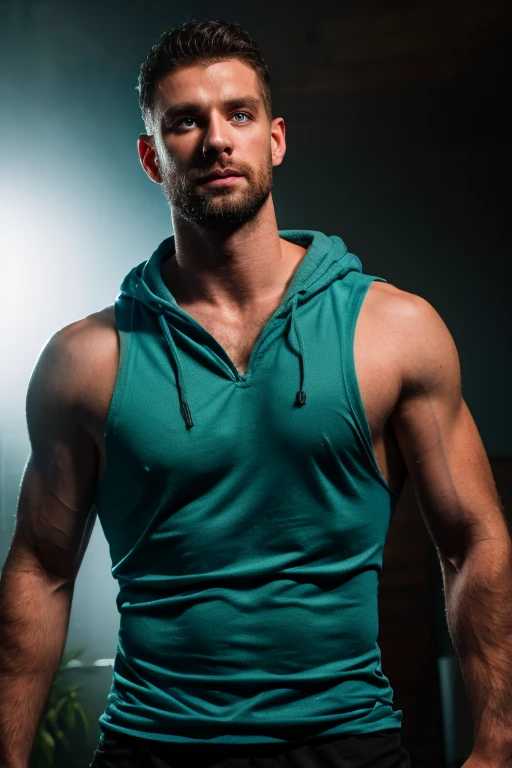 A man, sleeveless blue shirt with black details, hooded, bright green eyes, stubble, DJ, hyper-realistic, ultra-detailed, 8K, high-quality, masterpiece, dramatic lighting, cinematic, vivid colors, photorealistic, chiaroscuro, sharp focus, physically-based rendering