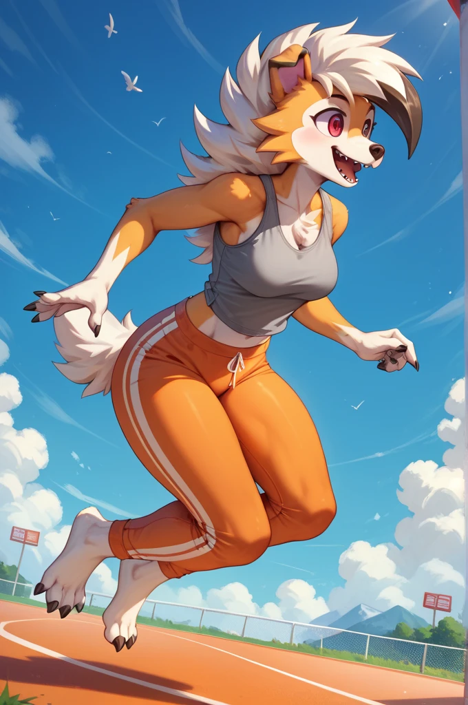 Kimiko Five-Tails, furry female anthro, fox girl, white body fur, pink hair, ((goggles, pink jacket, open clothes, black bikini)), small breasts, detailed body fur, detailed body, detailed face, detailed eyes, glistering body, shiny body, skinny, :3, multiple tails, multi tail, solo, body fur, (best quality), cinematic lighting, anime style, short ponytail, scar on the eye, 2D, beach, clear sky, full body, feets with three toes, 3 toes, fight stance, high kick, pawpads, barefoot, feet focus,