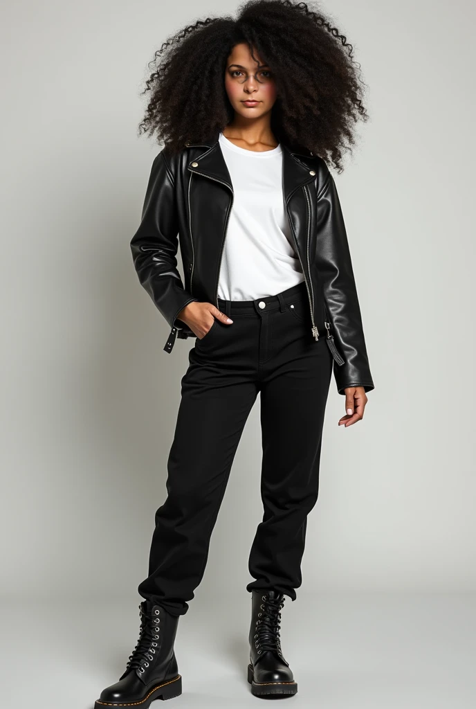 a real image of a young black woman with dark green afro braids, with freckles on her face and a friendly smile, black t-shirt with a white jacket on top with a black skirt and boots, whole body