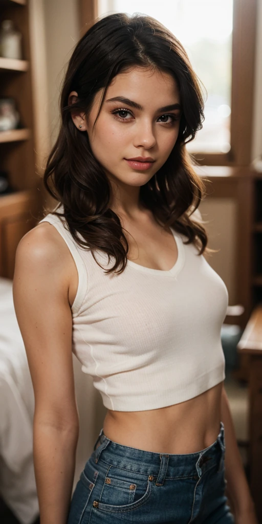 ((Highest quality)), ((8k)), ((masterpiece: 1.3)), (Perfect appearance), (Photorealism: 1.6), (JMA), (Who), (Genuine:1.4), 1 Mature Woman, Perfect Anatomy, 65 years old, ((Realistic skin texture)), (Fine lines on the skin), (Dull skin), (Facial wrinkles), (Wrinkles around the eyes), double eyelid, Tear bags under the eyelids, (corner of the eye), Thin eyebrows, Medium Long Hair, (Open Shoulder Daily Tank Top, Random Print), ((Standing posture: 1.3)), (Resort: 1.2),