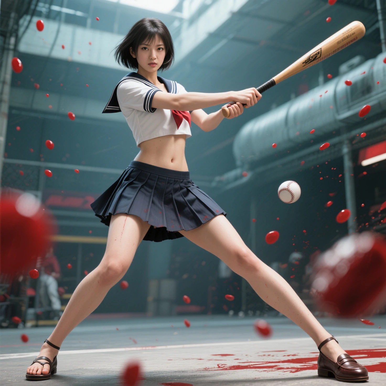 （Highest quality, Amazing visuals, High resolution, High resolution）、（A tall, slim beauty with long limbs）（Slim waist）（The field watched by spectators）、（Swing a baseball bat to hit a baseball）（Asian beauty baseball player）, （Female Baseball Players）, Black shirt with collar（Red pinstripe、Short length、Belly button）、White shorts、Black Sports Socks、Long silver hair, Sports photography、Full Swing、（A well-groomed and perfect face）、（Super Beauty）（Batting form）（Face facing left）