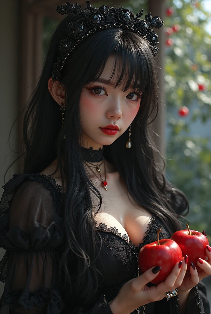 ((RAW photos)，Absurd ，(Absurd 分辨率))，masterpiece，Best quality，(extremely detailed 8k unity CG wallpaper)，(Most Best Illustration)，(BEST SHADOW)，Realistic lighting，Beautiful and detailed brilliance，((21yo))，girl，longblackhair，Black Queen，accessories for girls，Hold an apple，Poison apples，Witch Queen，red lipsticks，(((Her Photographic Perspective)))