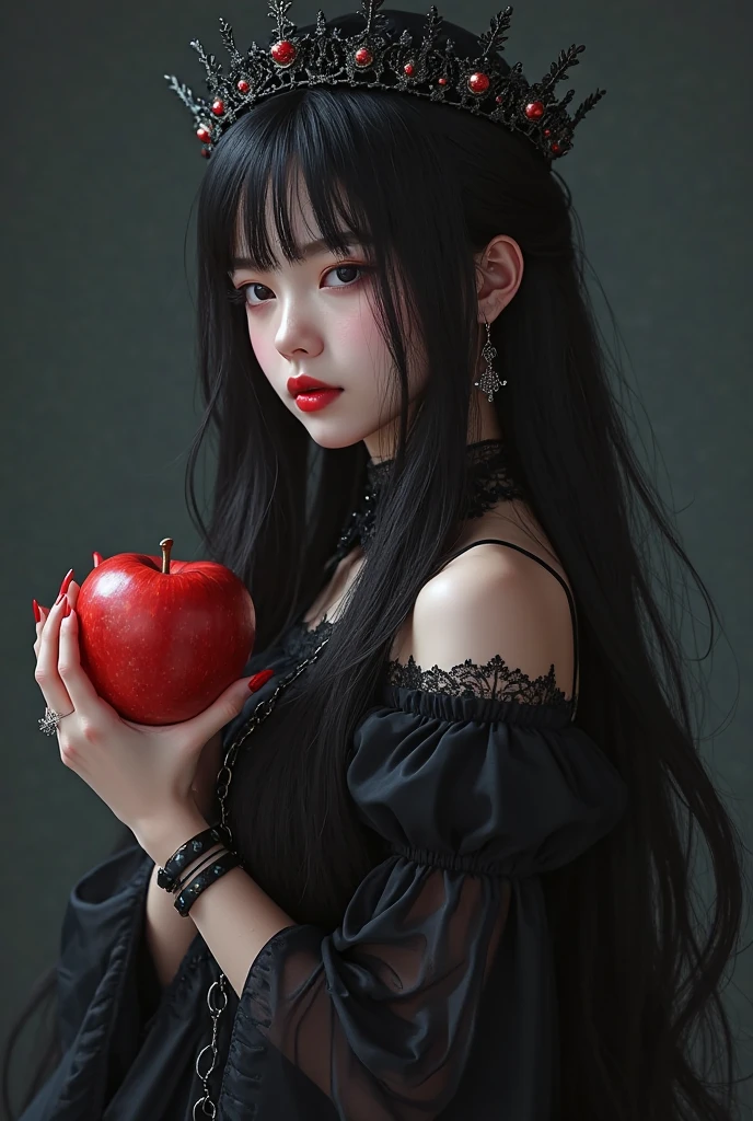 ((RAW photos),Absurd ,(Absurd 分辨率)),masterpiece,Best quality,(extremely detailed 8k unity CG wallpaper),(Most Best Illustration),(BEST SHADOW),Realistic lighting,Beautiful and detailed brilliance,((21yo)),girl,longblackhair,Black Queen,accessories for girls,Hold an apple,Poison apples,Witch Queen,red lipsticks,(((Her Photographic Perspective)))
