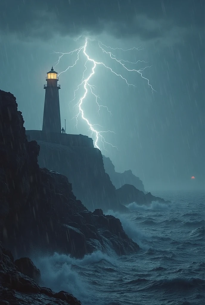 Its beam passes through the rain and fog {x} Lighthouse stands on a rocky cliff during the storm, Detailed ocean textures and moody lighting. Wave impact, Dramatic realism style. Below, Lightning flashes in the distance. 8k, film power.