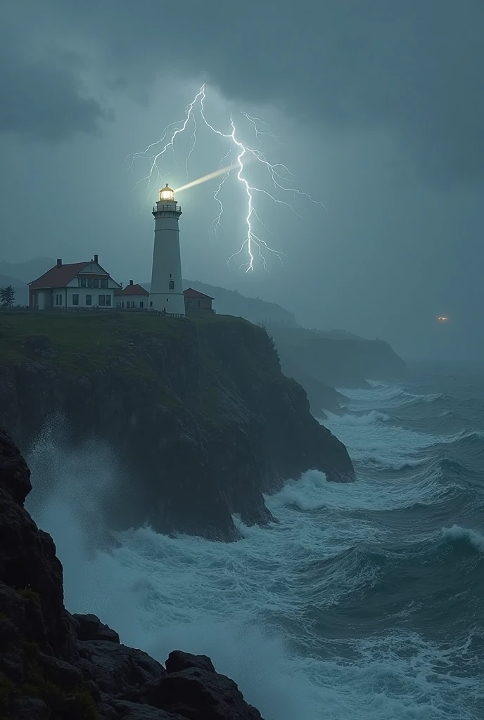 Its beam passes through the rain and fog {x} Lighthouse stands on a rocky cliff during the storm, Detailed ocean textures and moody lighting. Wave impact, Dramatic realism style. Below, Lightning flashes in the distance. 8k, film power.