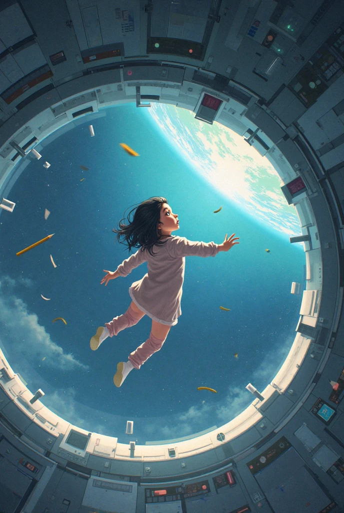 girl floating in a spaceship in zero gravity, surrounded by drifting paper, A floating pencil, and starlight peeking through a porthole. The scene captures quiet curiosity in isolation. illustrated in a sci-fi conceptual art style, rendered with soft gradients and backlighting. palette is cool and soft, emphasizes realism and subtle surrealism. ultra-detailed interior design, Poetic spatial composition, High resolution.