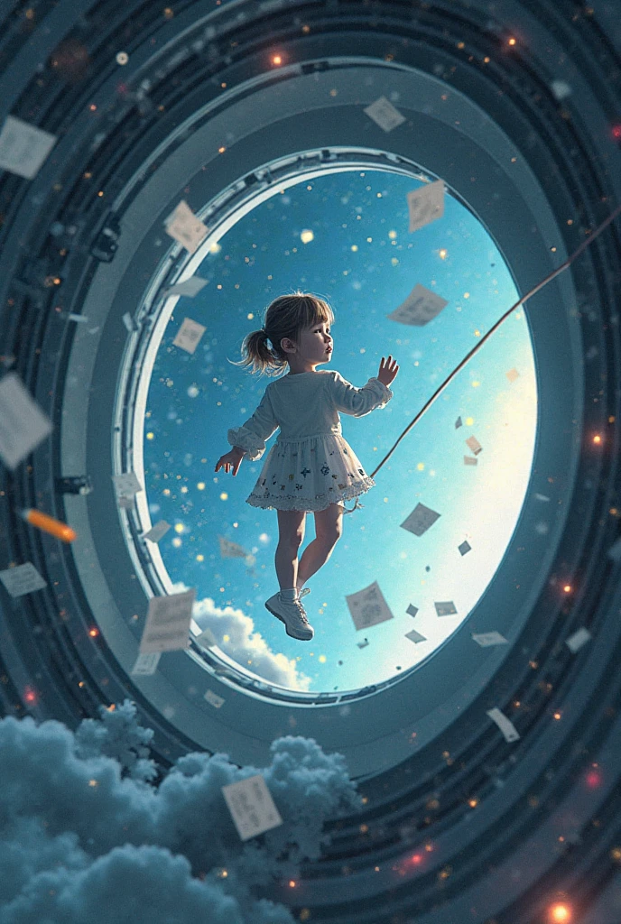 girl floating in a spaceship in zero gravity, surrounded by drifting paper, A floating pencil, and starlight peeking through a porthole. The scene captures quiet curiosity in isolation. illustrated in a sci-fi conceptual art style, rendered with soft gradients and backlighting. palette is cool and soft, emphasizes realism and subtle surrealism. ultra-detailed interior design, Poetic spatial composition, High resolution.