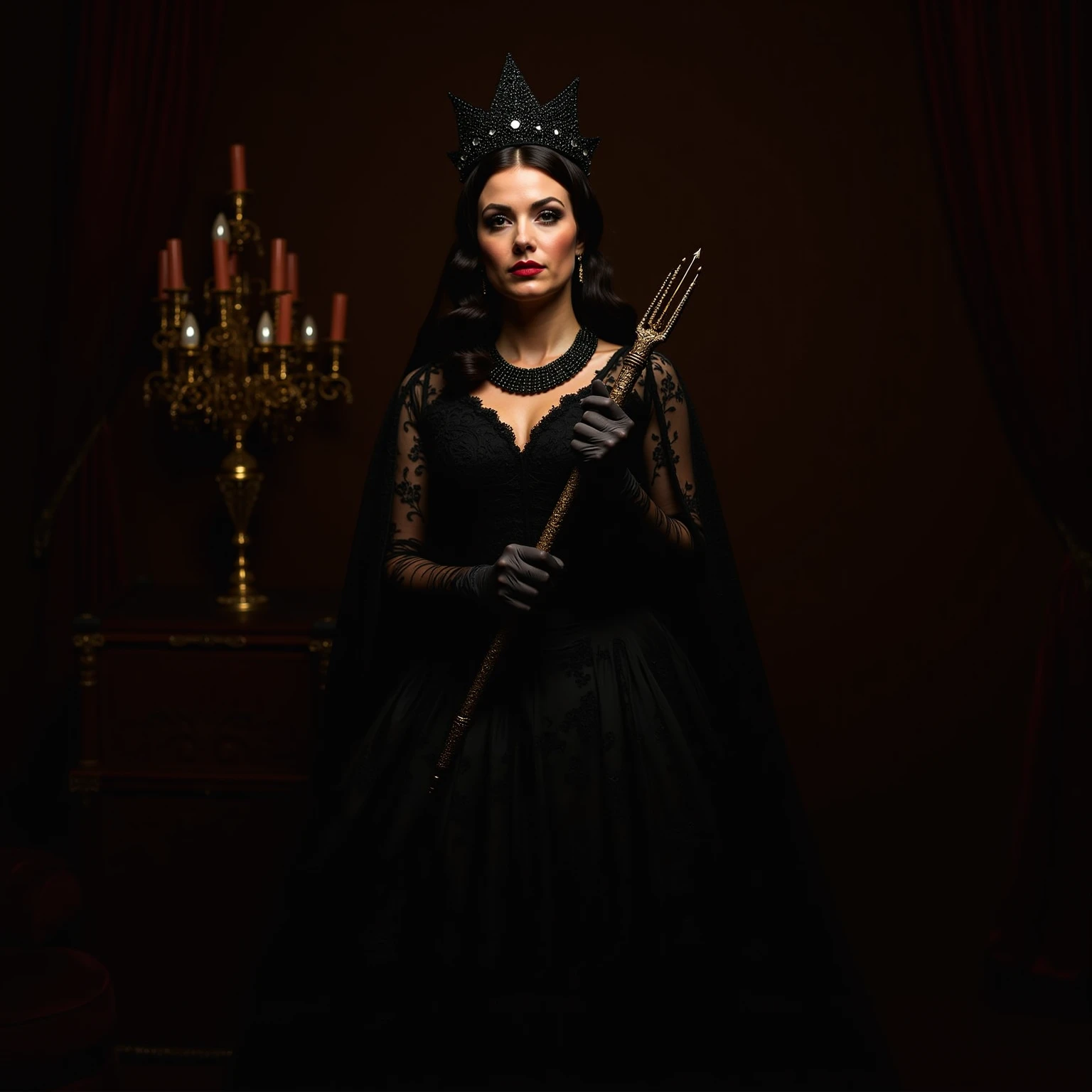 A noble and elegant portrait of the Black Queen,Dressed in a long black lace dress in a retro Victorian style,stands in the center of the ornate palace hall。Her black crown with gemstones,Hand held with a gold-encrusted scepter。and the dark ambient lighting highlights her majesty,The background is a gold candlestick and a red velvet curtain。Delicate makeup highlights her angular facial contouring,reveals wisdom and majesty in her eyes。The overall atmosphere is solemn and mysterious,in a low-key and luxurious palace photography style,The picture composition is perfect,The detailed portrayal。