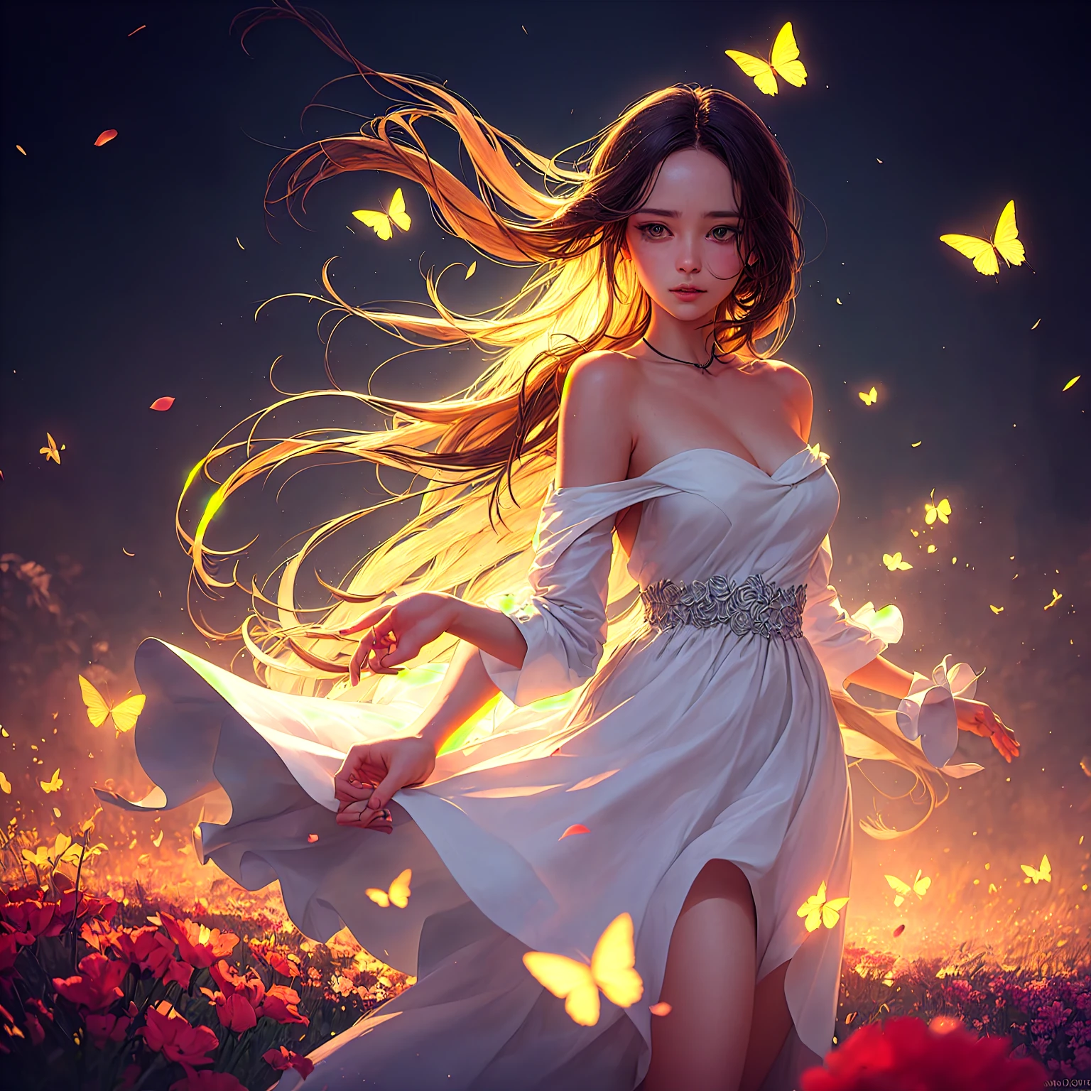 1girl, solo, full body, (masterpiece:1.21), (best quality:1.2), colorful, (illustration:1.2), (cinematic lighting:1.1), (bare shoulders:1.21), (collarbone:1.21)
<lora:yetAnotherNahidaGenshin_nahidav3:0.3><lora:nahidaV10_v10:0.3><lora:nahidaGenshinImpact_nahidaGenshinImpact:0.3><lora:nahidaGenshinImpact_1:0.2><lora:nahidaGenshinImpact_v10:0.1>
In this whimsical and fantastical garden, the scene is illuminated by a rainbow of (colorful fireflies), dancing and fluttering in the air. The garden is decorated by a gentle (drizzle), creating a misty and ethereal atmosphere. In the center of the scene, there is a single girl, an extremely delicate and beautiful girl, with cute features and an innocent expression. Her long hair is flowing with the wind. She is wearing no shoulder straps dress, which is ultra low cut, highlighting her delicate curves.
The lighting is very delicate and beautiful, creating a soft and warm glow that highlights the water, making it sparkle like diamonds. The finest grass is also illuminated, creating a lush and verdant carpet. The garden is surrounded by colorful flower fields, with blooms of every color and shape. (Colorful butterflies), of every shade and size, can be seen fluttering around the scene, adding to the overall sense of wonder and magic. (look ai viewer),A blush can be seen on her nose, and her mouth is slightly open, adding to the overall sense of innocence and youthfulness. Falling petals can be seen floating around her, adding to the overall sense of romance and beauty. A gentle wind is blowing through the scene, making the leaves rustle and the flowers sway, adding to the overall sense of movement and life. This is a scene of pure wonder and magic, filled with color and beauty, where the viewer can lose themselves in the enchanting and captivating world.