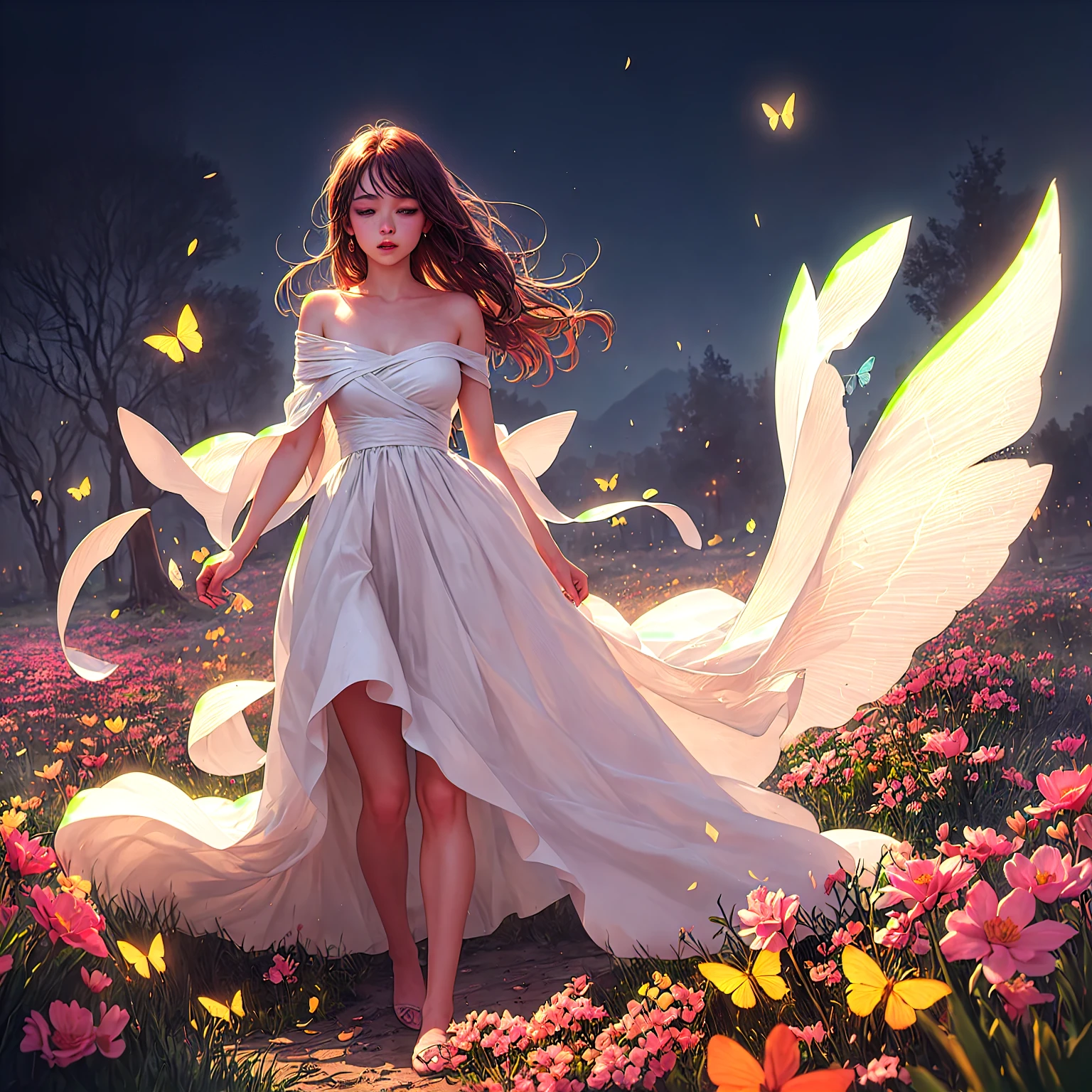 1girl, solo, full body, (masterpiece:1.21), (best quality:1.2), colorful, (illustration:1.2), (cinematic lighting:1.1), (bare shoulders:1.21), (collarbone:1.21)
<lora:yetAnotherNahidaGenshin_nahidav3:0.3><lora:nahidaV10_v10:0.3><lora:nahidaGenshinImpact_nahidaGenshinImpact:0.3><lora:nahidaGenshinImpact_1:0.2><lora:nahidaGenshinImpact_v10:0.1>
In this whimsical and fantastical garden, the scene is illuminated by a rainbow of (colorful fireflies), dancing and fluttering in the air. The garden is decorated by a gentle (drizzle), creating a misty and ethereal atmosphere. In the center of the scene, there is a single girl, an extremely delicate and beautiful girl, with cute features and an innocent expression. Her long hair is flowing with the wind. She is wearing no shoulder straps dress, which is ultra low cut, highlighting her delicate curves.
The lighting is very delicate and beautiful, creating a soft and warm glow that highlights the water, making it sparkle like diamonds. The finest grass is also illuminated, creating a lush and verdant carpet. The garden is surrounded by colorful flower fields, with blooms of every color and shape. (Colorful butterflies), of every shade and size, can be seen fluttering around the scene, adding to the overall sense of wonder and magic. (look ai viewer),A blush can be seen on her nose, and her mouth is slightly open, adding to the overall sense of innocence and youthfulness. Falling petals can be seen floating around her, adding to the overall sense of romance and beauty. A gentle wind is blowing through the scene, making the leaves rustle and the flowers sway, adding to the overall sense of movement and life. This is a scene of pure wonder and magic, filled with color and beauty, where the viewer can lose themselves in the enchanting and captivating world.