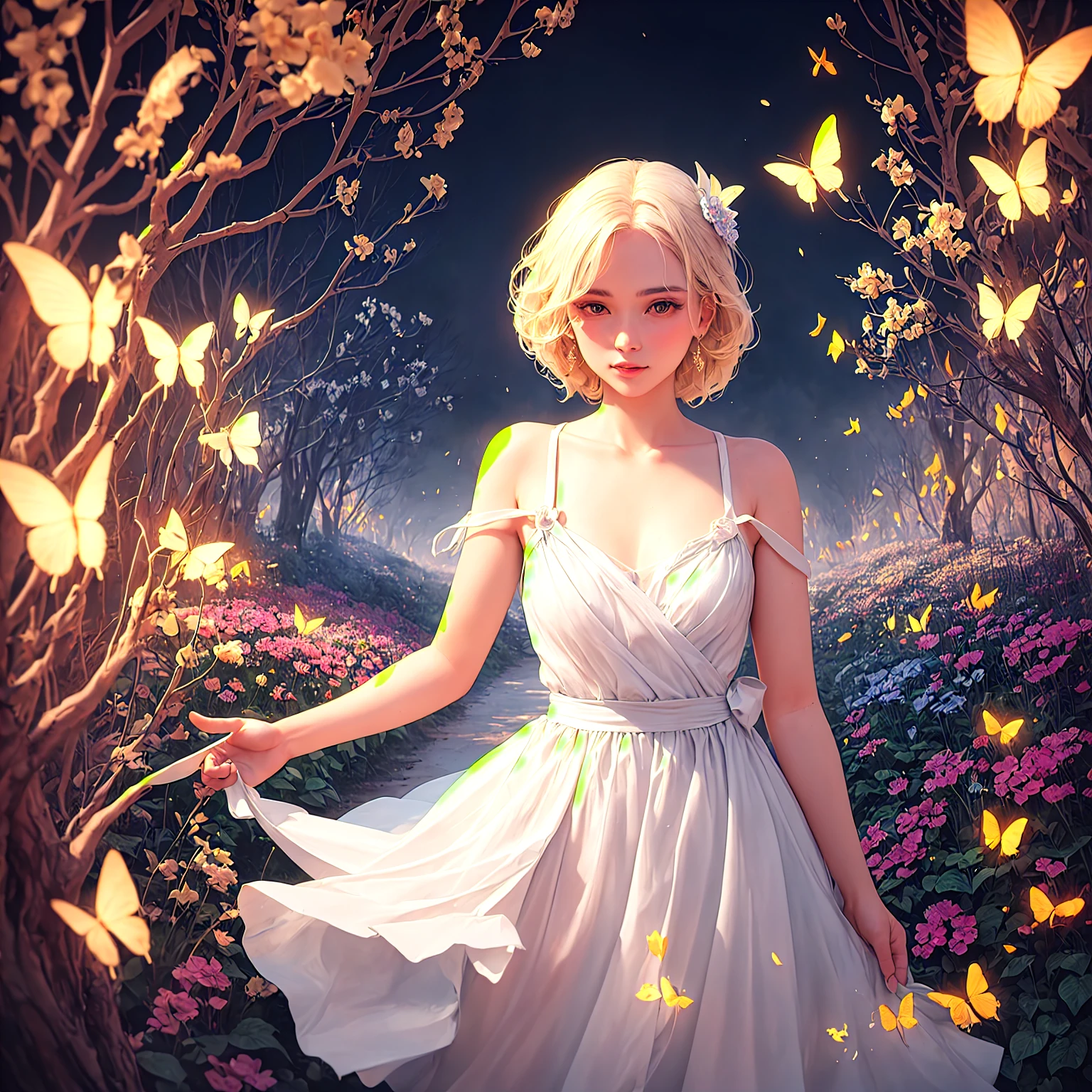 1girl, solo, full body, (masterpiece:1.21), (best quality:1.2), colorful, (illustration:1.2), (cinematic lighting:1.1), (bare shoulders:1.21), (collarbone:1.21)
<lora:yetAnotherNahidaGenshin_nahidav3:0.3><lora:nahidaV10_v10:0.3><lora:nahidaGenshinImpact_nahidaGenshinImpact:0.3><lora:nahidaGenshinImpact_1:0.2><lora:nahidaGenshinImpact_v10:0.1>
In this whimsical and fantastical garden, the scene is illuminated by a rainbow of (colorful fireflies), dancing and fluttering in the air. The garden is decorated by a gentle (drizzle), creating a misty and ethereal atmosphere. In the center of the scene, there is a single girl, an extremely delicate and beautiful girl, with cute features and an innocent expression. Her long hair is flowing with the wind. She is wearing no shoulder straps dress, which is ultra low cut, highlighting her delicate curves.
The lighting is very delicate and beautiful, creating a soft and warm glow that highlights the water, making it sparkle like diamonds. The finest grass is also illuminated, creating a lush and verdant carpet. The garden is surrounded by colorful flower fields, with blooms of every color and shape. (Colorful butterflies), of every shade and size, can be seen fluttering around the scene, adding to the overall sense of wonder and magic. (look ai viewer),A blush can be seen on her nose, and her mouth is slightly open, adding to the overall sense of innocence and youthfulness. Falling petals can be seen floating around her, adding to the overall sense of romance and beauty. A gentle wind is blowing through the scene, making the leaves rustle and the flowers sway, adding to the overall sense of movement and life. This is a scene of pure wonder and magic, filled with color and beauty, where the viewer can lose themselves in the enchanting and captivating world.