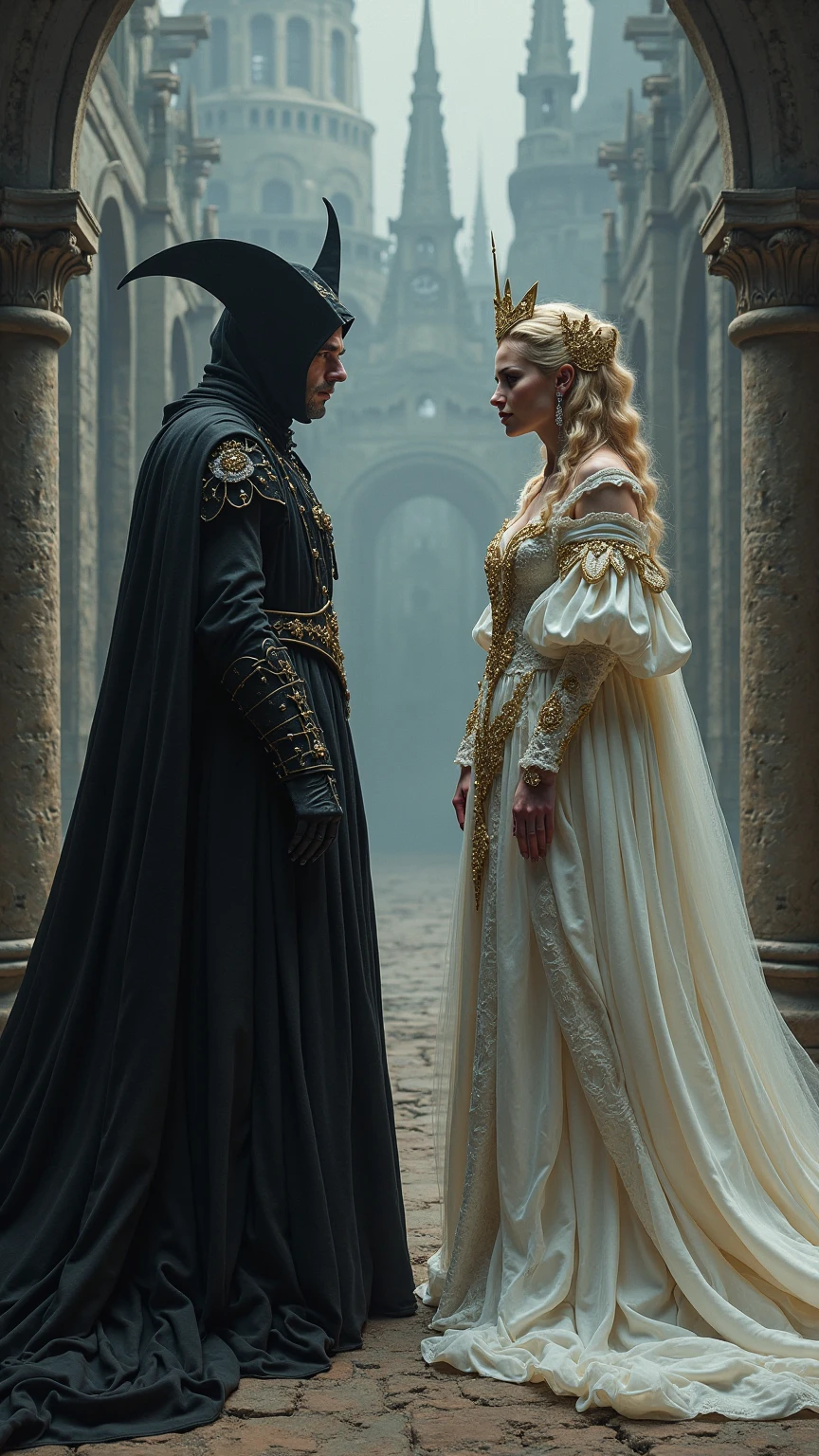 The Dark Gothic-style Black Queen confronts the White Queen,Dressed in gorgeous robes,The background is an eerie castle,Full body portrait horizontal composition