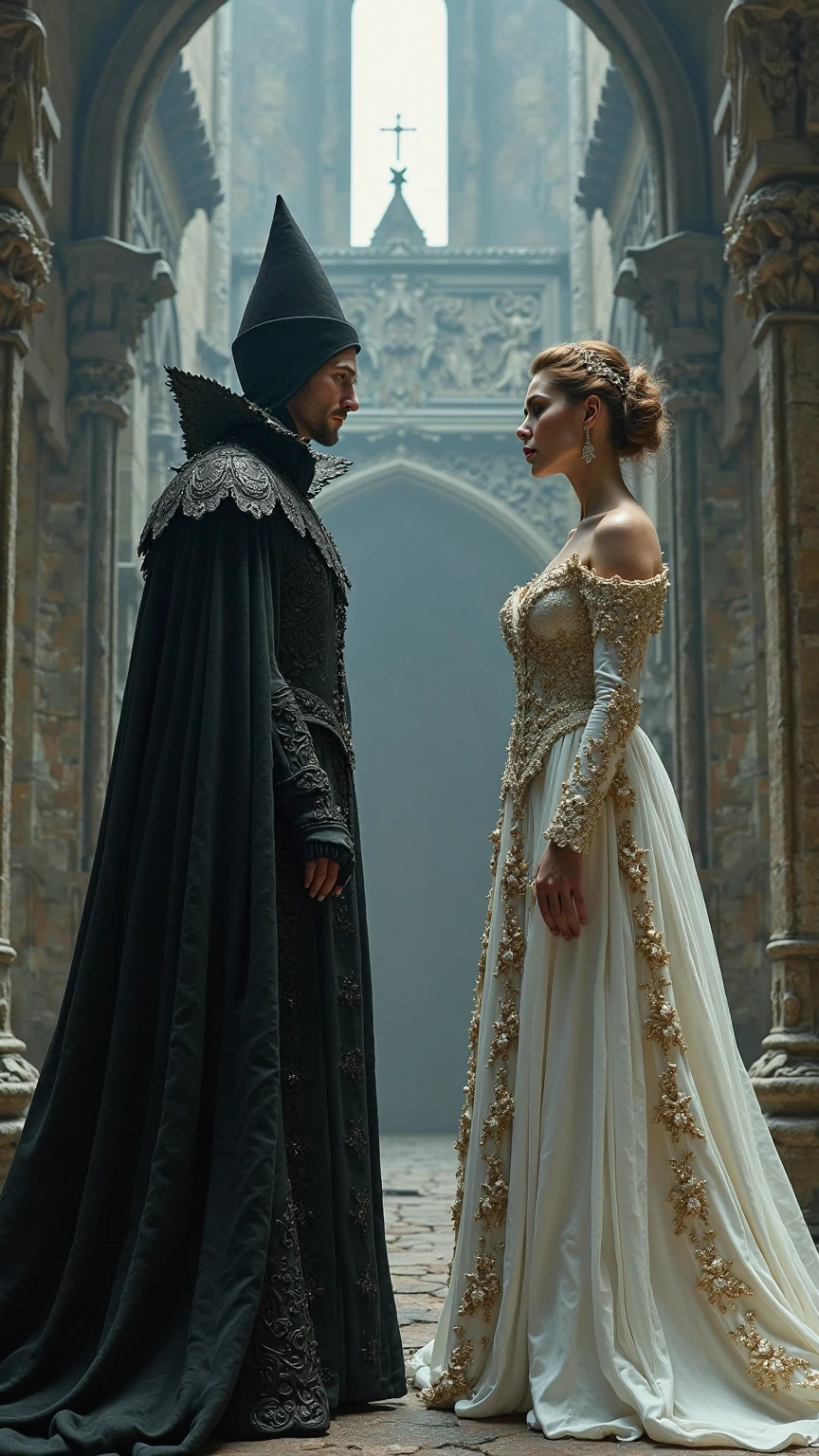 The Dark Gothic-style Black Queen confronts the White Queen,Dressed in gorgeous robes,The background is an eerie castle,Full body portrait horizontal composition