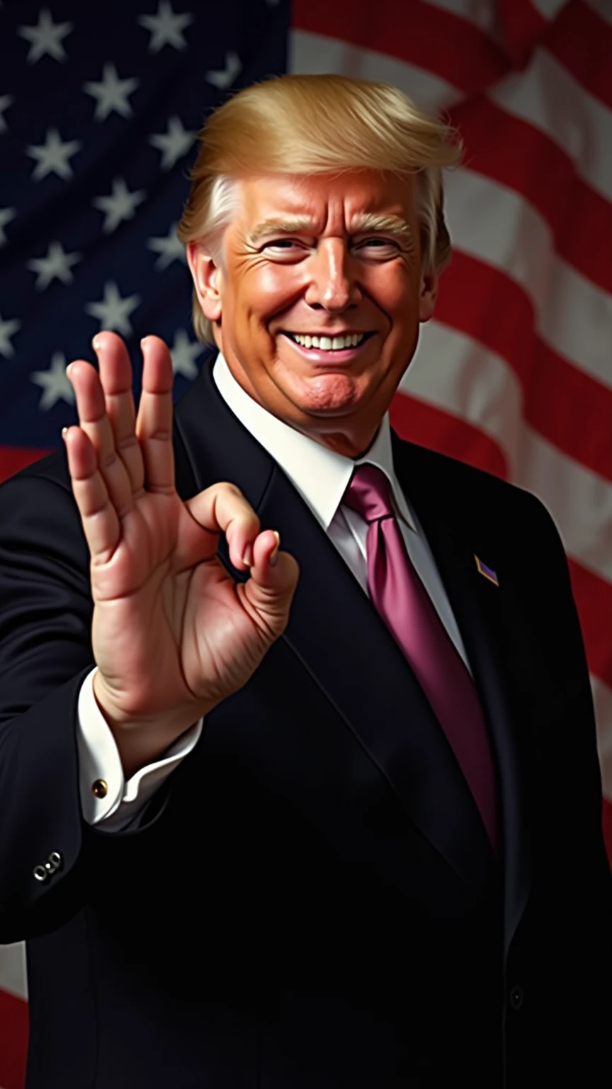 特朗普经典hand sign,Make an iconic"OK"hand sign,Smile confidently,with the US flag on the background,Close-up of the front of the whole body